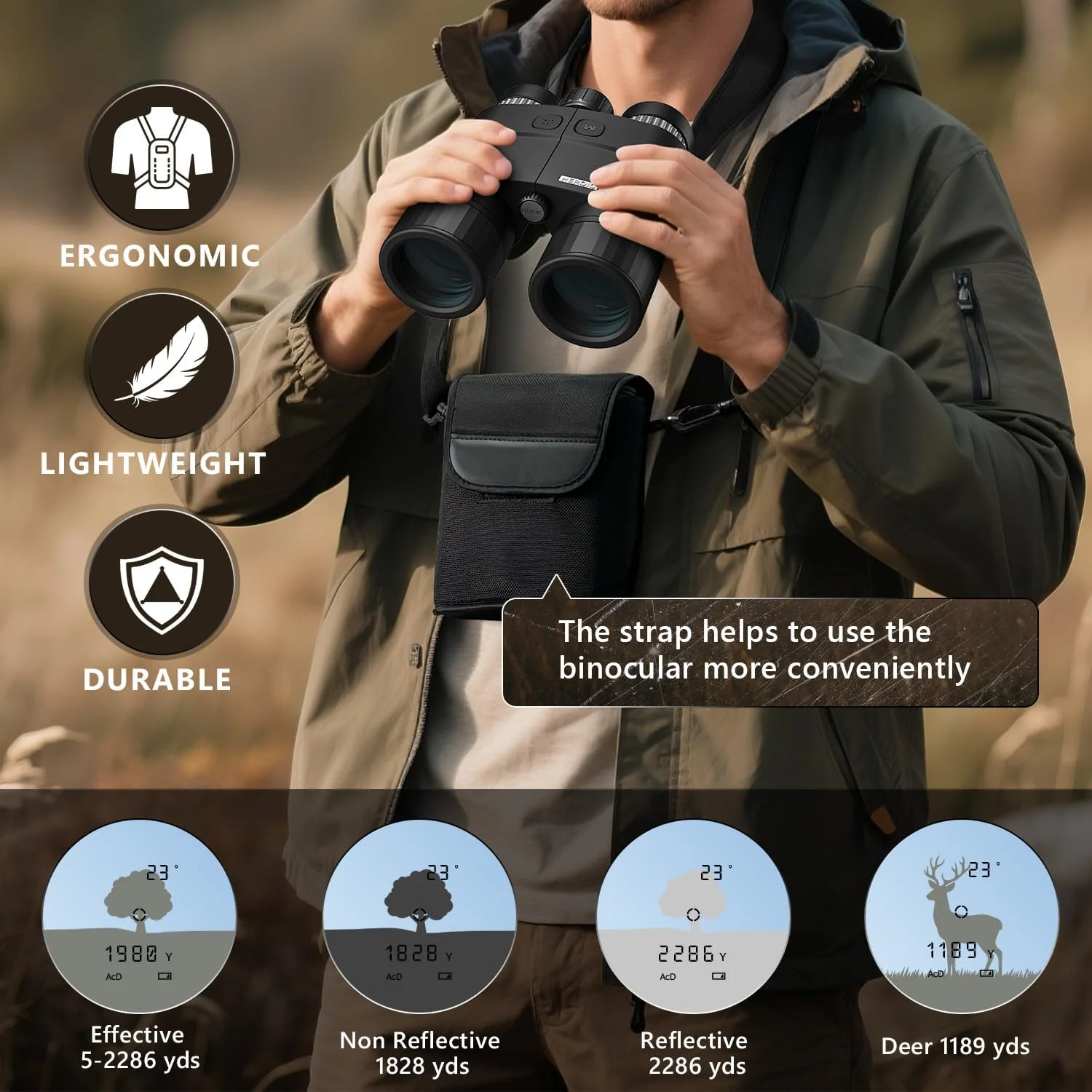 دوربین شکاری دوچشمی مسافت یاب لیزری 10x42 - 2286 یارد ACD/Los، حالت اسکن، دقت ±1 متر، OLED قرمز، اپتیک HD (گوزن 1189 یارد)