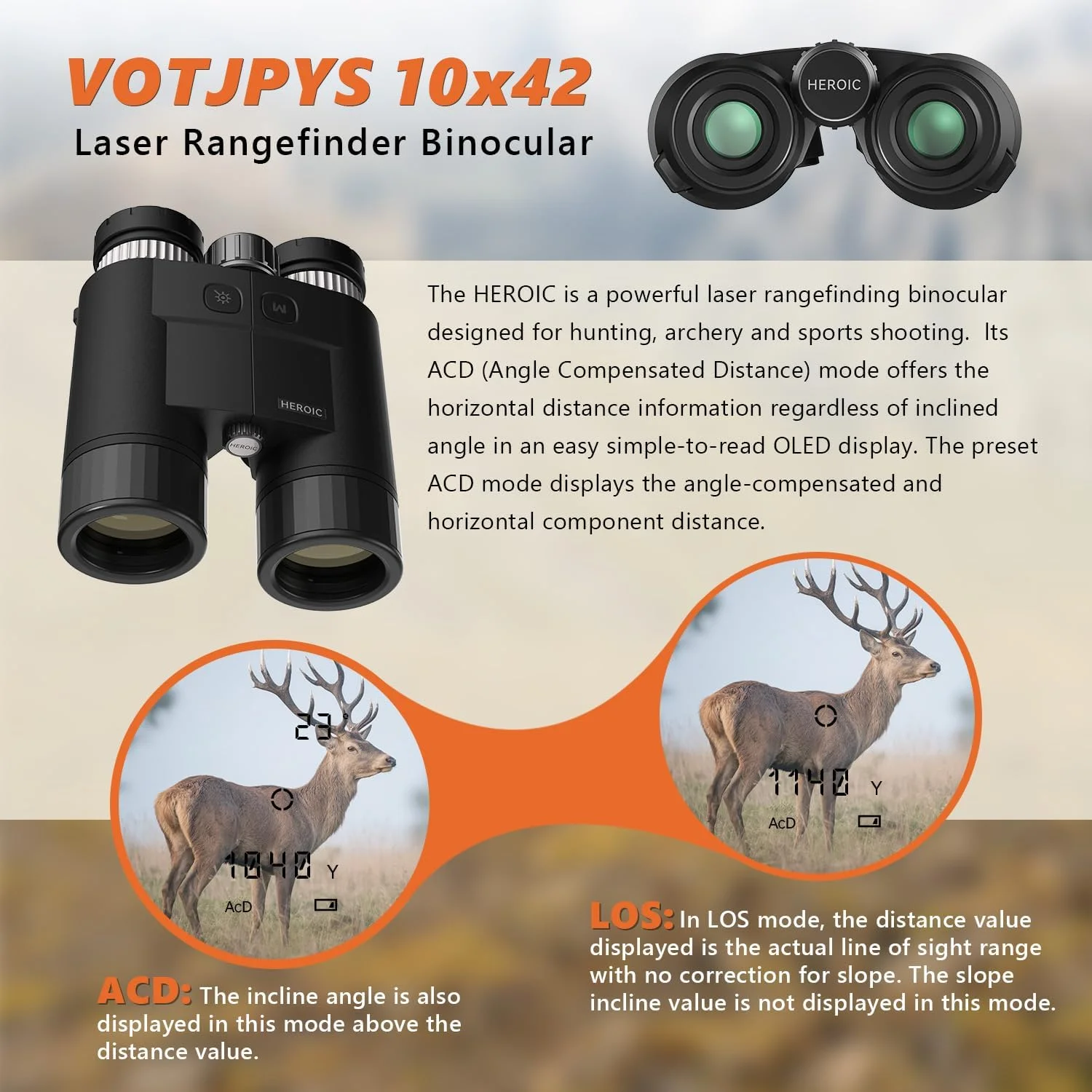 دوربین شکاری دوچشمی مسافت یاب لیزری 10x42 - 2286 یارد ACD/Los، حالت اسکن، دقت ±1 متر، OLED قرمز، اپتیک HD (گوزن 1189 یارد)