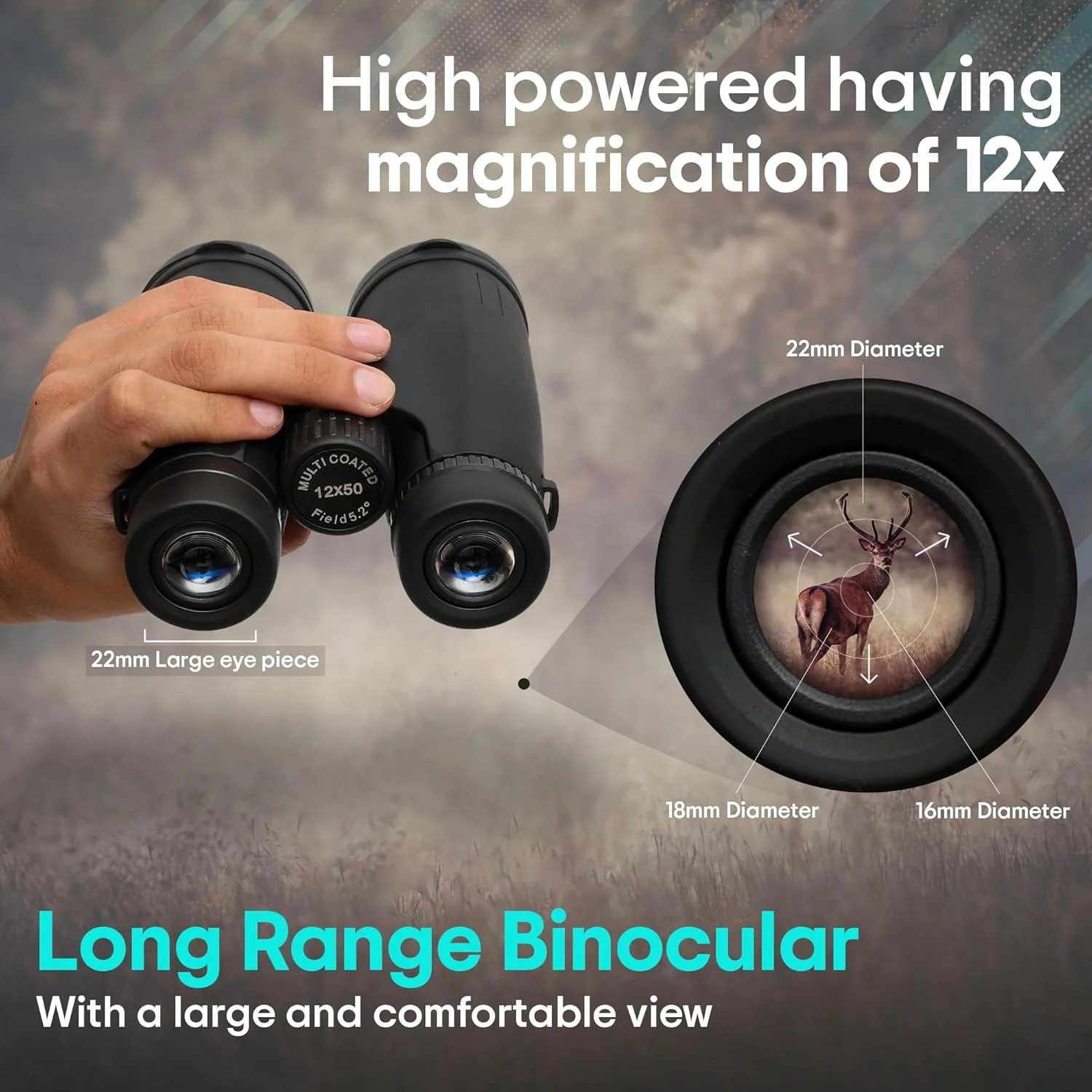 دوربین دوچشمی 12X50 HD با قدرت بالا برای بزرگسالان با دید واضح در نور کم، سبک وزن، ضد آب و با فوکوس آسان - دوربین دوچشمی فشرده دوربرد برای تماشای پرندگان، شکار و مسافرت