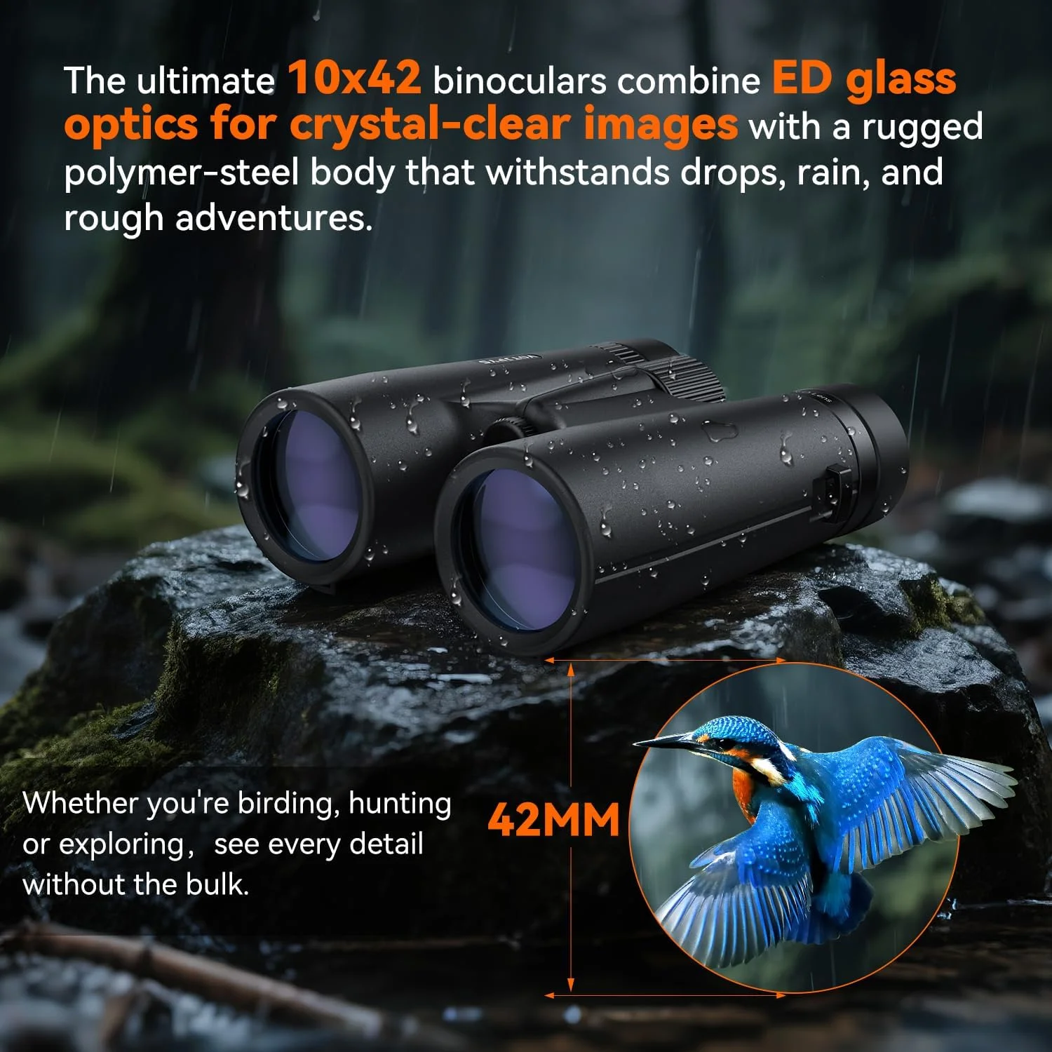 دوربین دوچشمی 10x42 ED برای بزرگسالان، دوربین دوچشمی ضد آب با قدرت بالا با شیشه ED، دید واضح و فوق العاده روشن برای تماشای پرندگان، پیاده روی، تماشای حیات وحش و فعالیت های در فضای باز