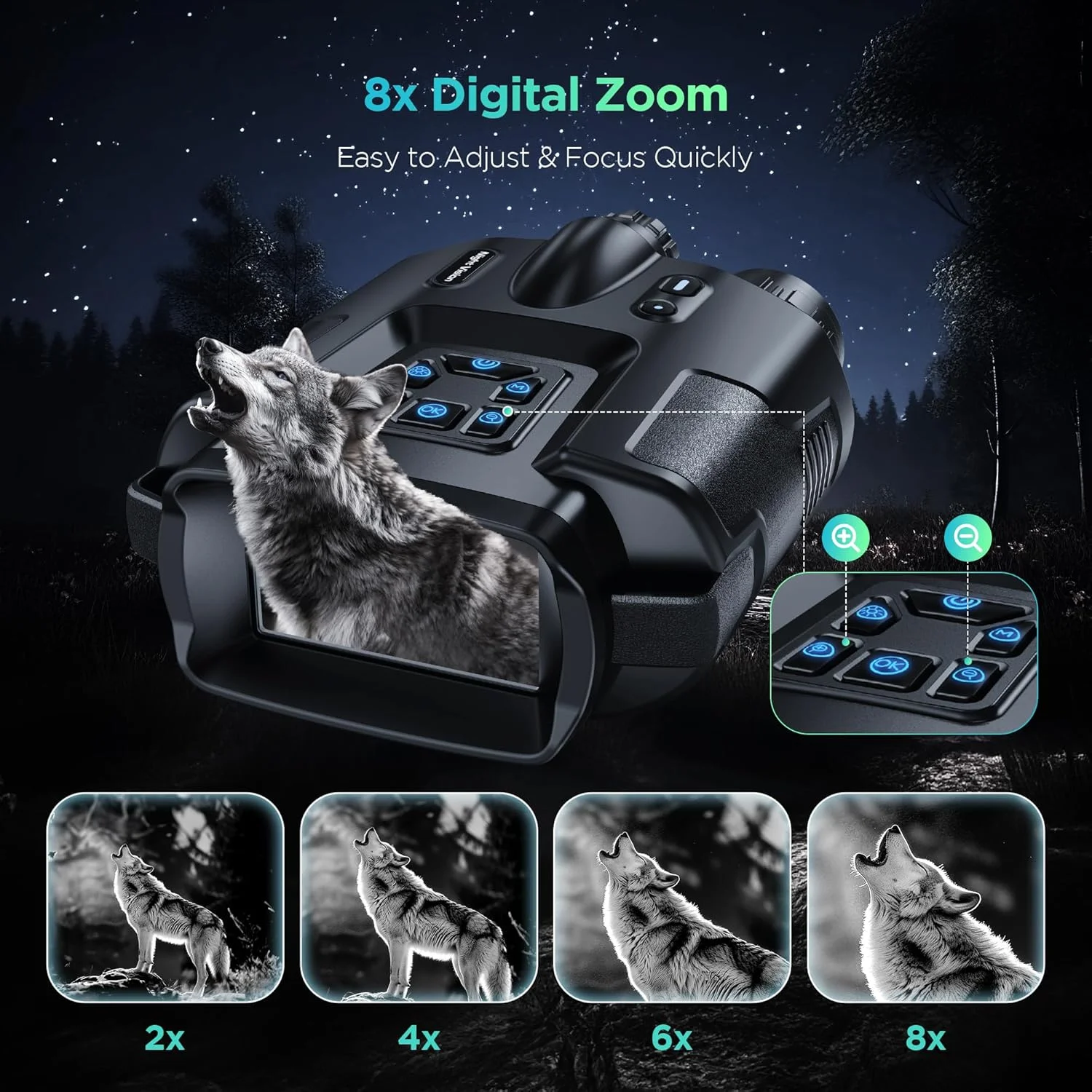 دوربین دید در شب 4K برای بزرگسالان، دوربین دوچشمی دید در شب مادون قرمز 600 متری با نور تاکتیکی، زوم دیجیتال 8X برای فضای باز، کمپینگ و مسافرت