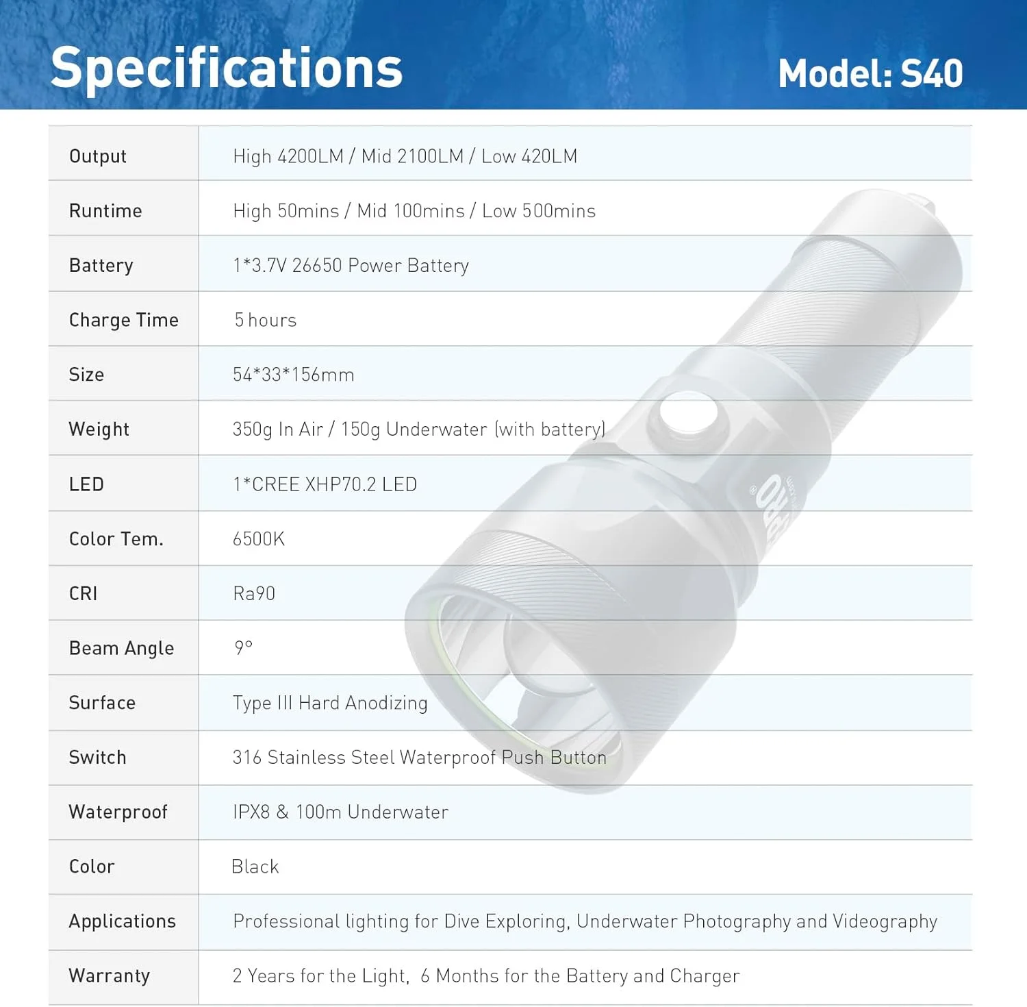 چراغ غواصی LED قابل شارژ فشرده S40 4200LM، مشکی چراغ غواصی LED قابل شارژ فشرده S40 4200LM، مشکی