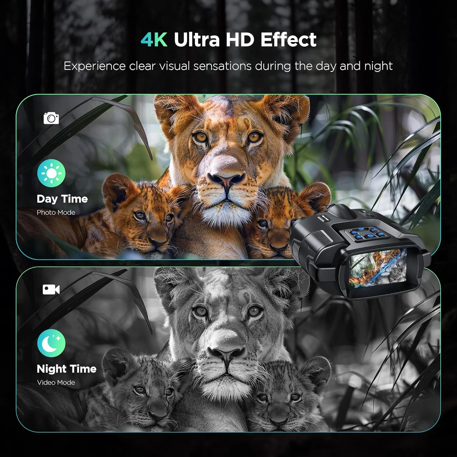 دوربین دید در شب 4K برای بزرگسالان، دوربین دوچشمی دید در شب مادون قرمز 600 متری با نور تاکتیکی، زوم دیجیتال 8X برای فضای باز، کمپینگ و مسافرت