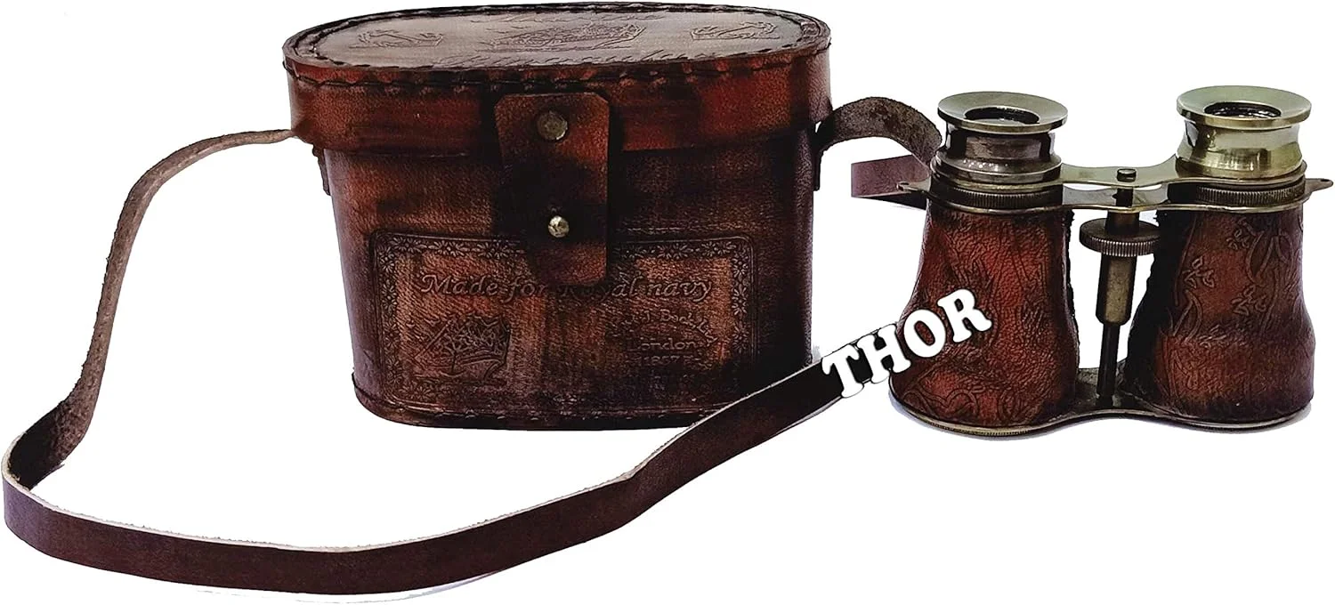 دوربین شکاری برنجی سلطنتی عتیقه دریایی با جعبه چرمی قهوه ای 6 اینچی، دکوری منزل به سبک روستیک