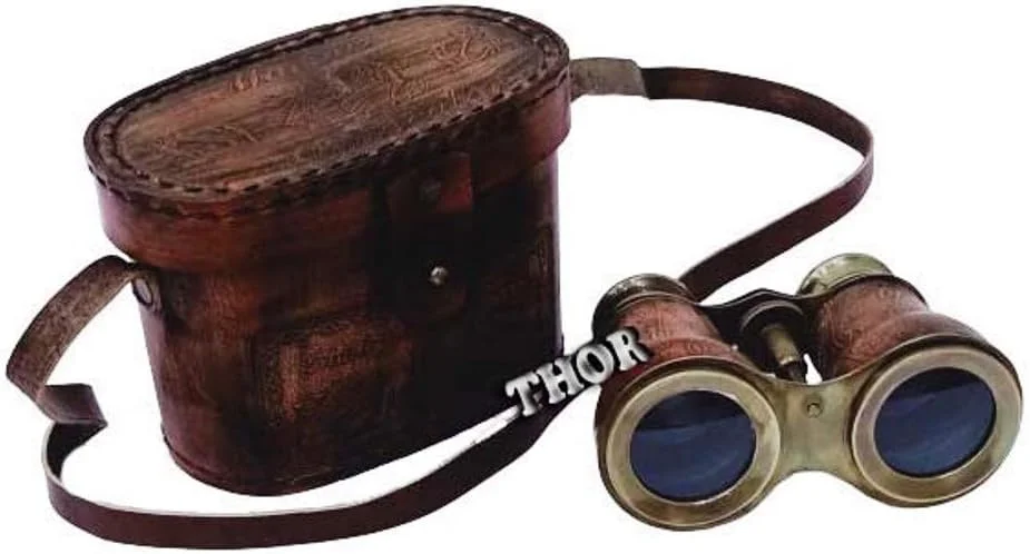 دوربین شکاری برنجی سلطنتی عتیقه دریایی با جعبه چرمی قهوه ای 6 اینچی، دکوری منزل به سبک روستیک