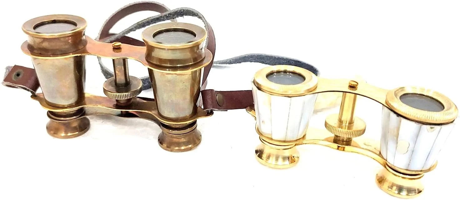 دوربین تئاتر قدیمی، دوربین دوچشمی برنجی با بند چرمی، روکش طلایی و برنزی عتیقه، قطعه کلکسیونی تزئینی