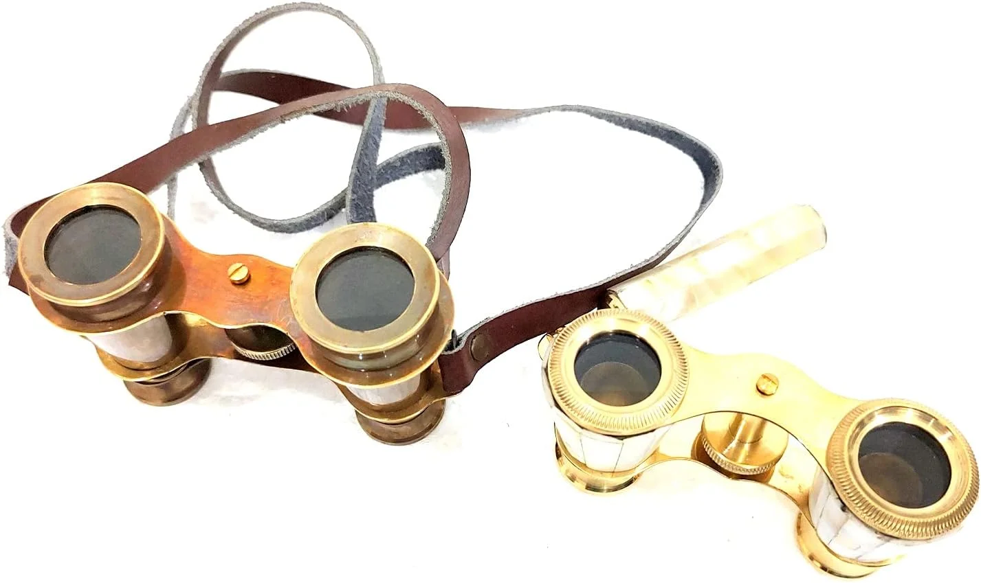 دوربین تئاتر قدیمی، دوربین دوچشمی برنجی با بند چرمی، روکش طلایی و برنزی عتیقه، قطعه کلکسیونی تزئینی