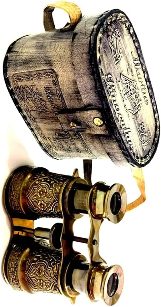 دوربین شکاری برنجی به سبک قدیمی با جعبه تزئینی، دوربین تئاتر با طراحی عتیقه با جعبه نگهداری چرمی