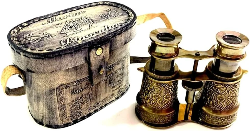 دوربین شکاری برنجی عتیقه قهوه ای رنگ دریایی، اندازه 4 اینچ، دوربین دستی قدیمی اپرا با جعبه چرمی زیبا