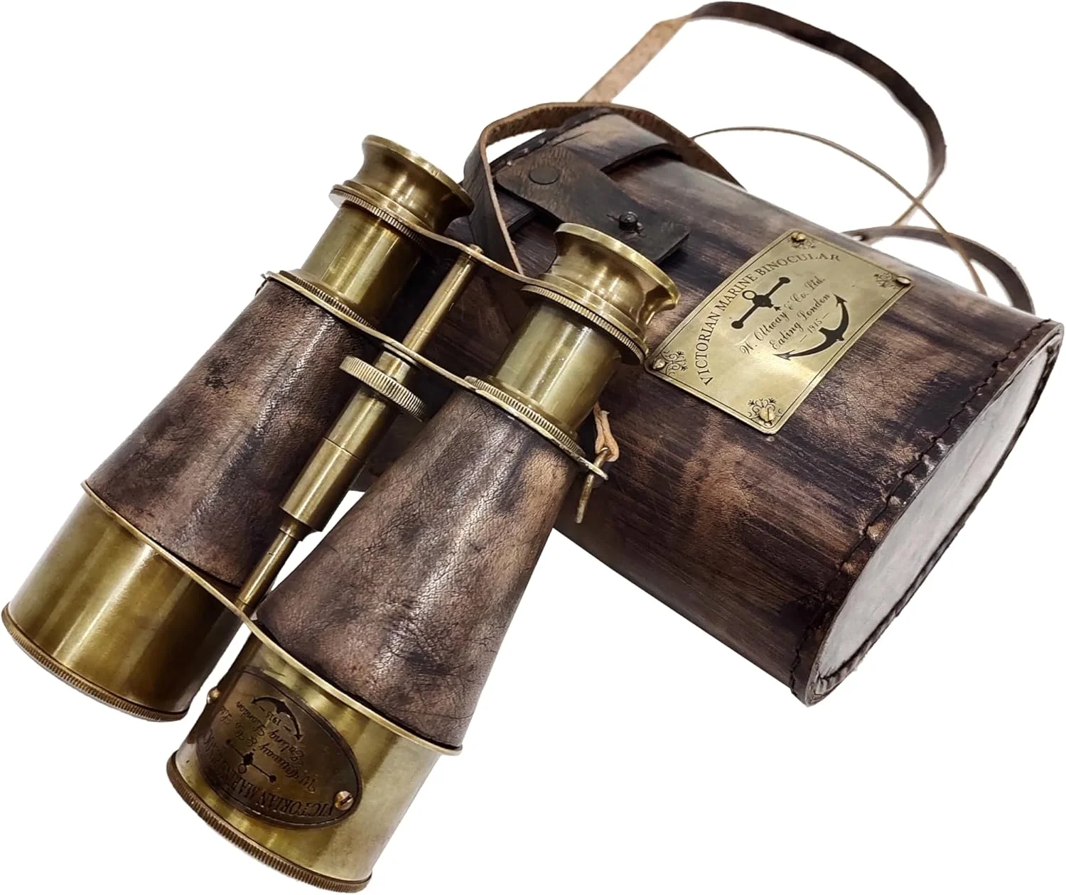 دوربین شکاری سبک عتیقه قدیمی برنجی با روکش چرمی و بند گردنی، مناسب دریانوردی و دکوراسیون منزل و دفتر - مدل 1915 (خاکستری)