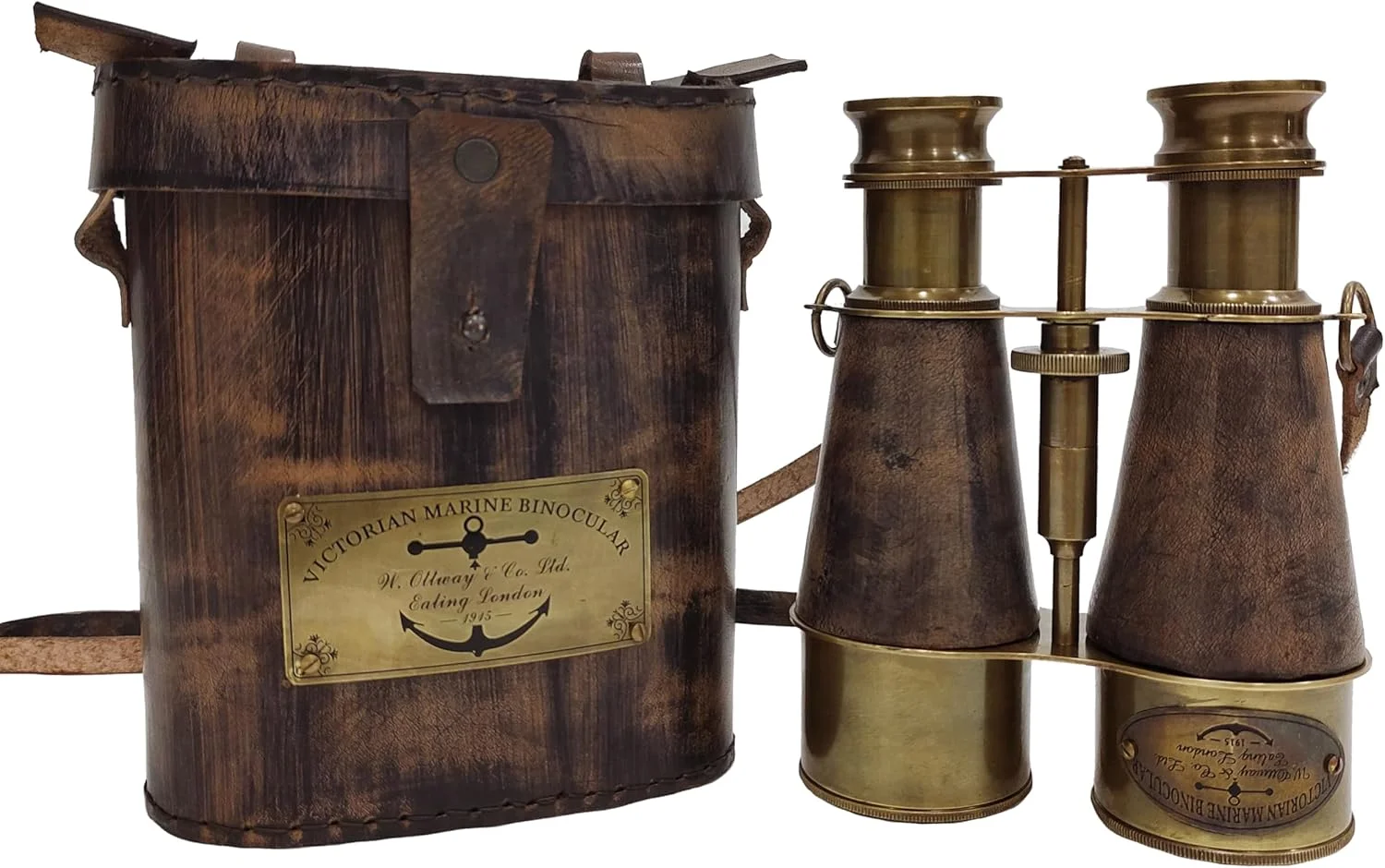 دوربین شکاری سبک عتیقه قدیمی برنجی با روکش چرمی و بند گردنی، مناسب دریانوردی و دکوراسیون منزل و دفتر - مدل 1915 (خاکستری)