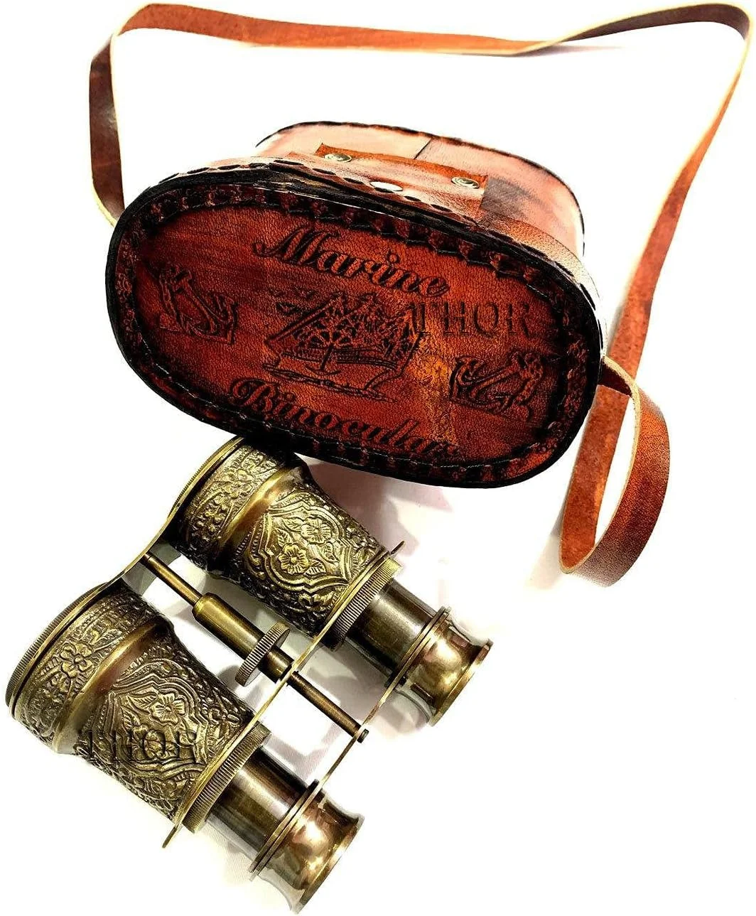 دوربین صحرایی برنجی عتیقه با روکش چرمی قهوه ای، دکوری منزل به سبک روستیک