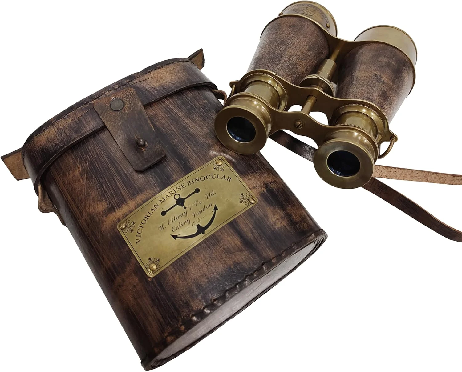 دوربین شکاری سبک عتیقه قدیمی برنجی با روکش چرمی و بند گردنی، مناسب دریانوردی و دکوراسیون منزل و دفتر - مدل 1915 (خاکستری)