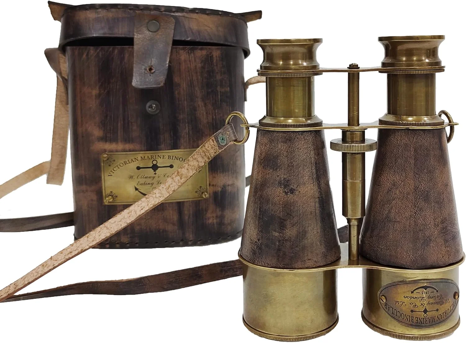 دوربین شکاری سبک عتیقه قدیمی برنجی با روکش چرمی و بند گردنی، مناسب دریانوردی و دکوراسیون منزل و دفتر - مدل 1915 (خاکستری)