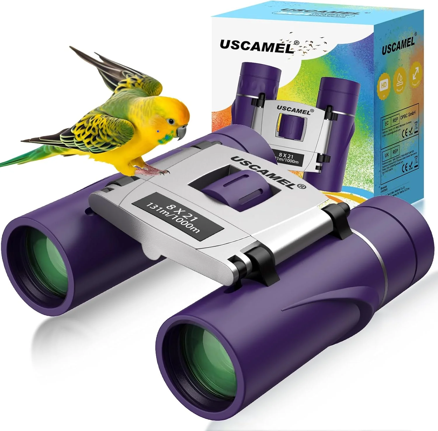 دوربین دوچشمی فشرده USCAMEL برای بزرگسالان و کودکان: دوربین دوچشمی کوچک 8x21 با منشورهای Bak4 برای مسافرت - برای پسران و دختران 4-8 ساله، مناسب تماشای پرندگان در فضای باز، پیاده‌روی و کمپینگ (بنفش)