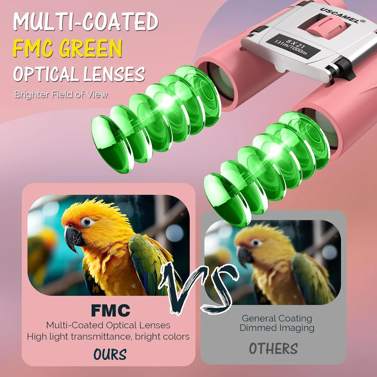 دوربین شکاری کوچک USCAMEL برای کودکان 4 تا 8 سال: 8x21 صورتی، منشورهای Bak4 برای تماشای پرندگان - مناسب پسران، دختران، مسافرت، پیاده‌روی در فضای باز