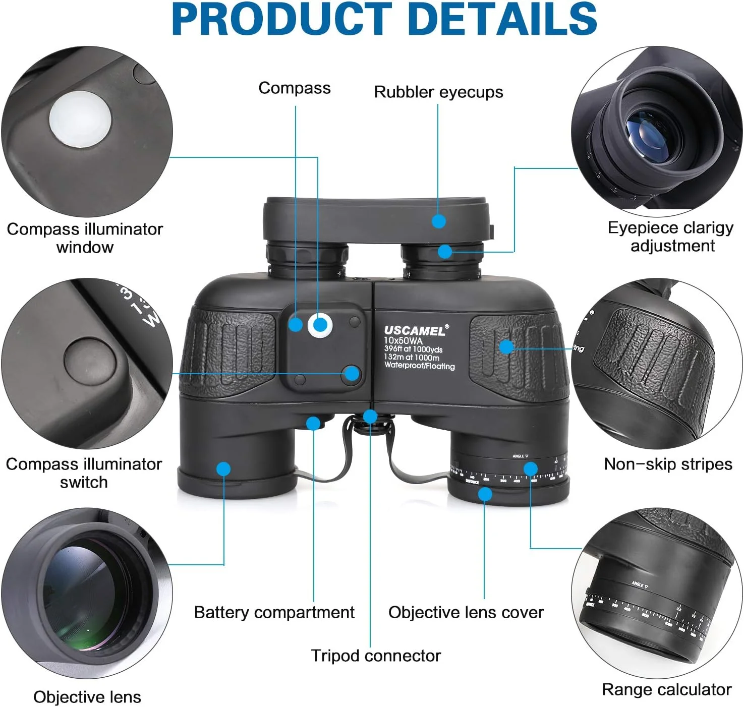 دوربین دوچشمی دریایی 10x50 USCAMEL برای بزرگسالان، دوربین دوچشمی ضد آب با قطب نما مسافت یاب، منشور BAK4، لنز FMC ضد مه برای ناوبری، تماشای پرندگان، شکار