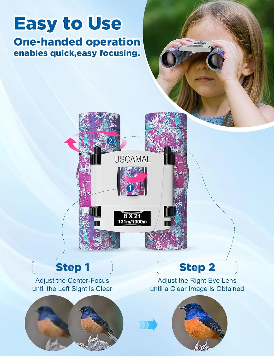 دوربین شکاری فشرده USCAMEL برای بزرگسالان و کودکان: دوربین مینی 8x21 منشور Bak4 - برای تماشای پرندگان، مسافرت، کمپینگ، شکار (آبی و قرمز)