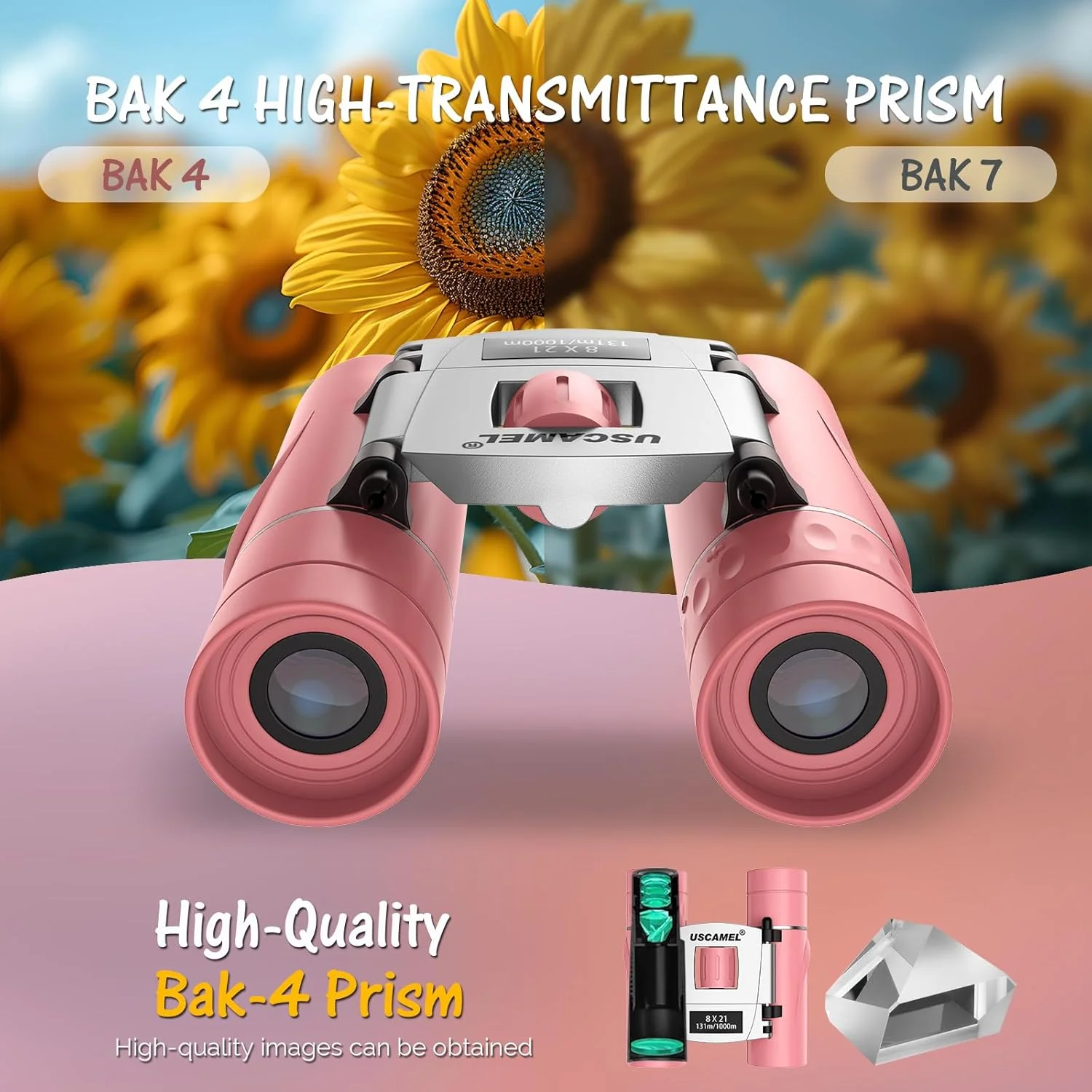 دوربین شکاری کوچک USCAMEL برای کودکان 4 تا 8 سال: 8x21 صورتی، منشورهای Bak4 برای تماشای پرندگان - مناسب پسران، دختران، مسافرت، پیاده‌روی در فضای باز