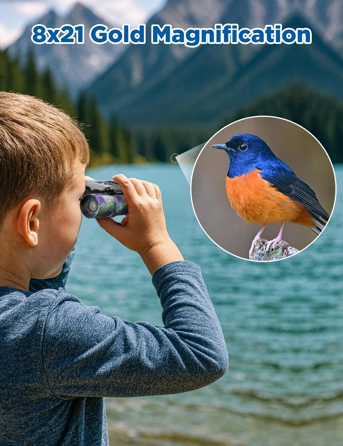 دوربین شکاری فشرده USCAMEL برای بزرگسالان و کودکان: دوربین مینی 8x21 منشور Bak4 - برای تماشای پرندگان، مسافرت، کمپینگ، شکار (آبی و قرمز)