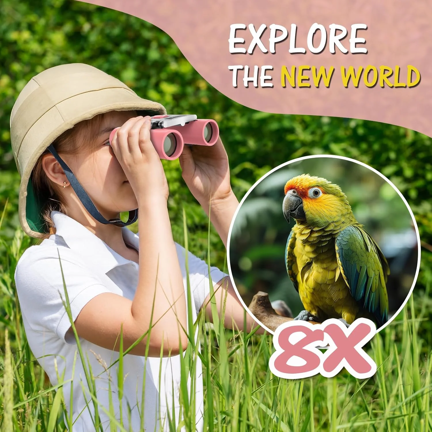 دوربین شکاری کوچک USCAMEL برای کودکان 4 تا 8 سال: 8x21 صورتی، منشورهای Bak4 برای تماشای پرندگان - مناسب پسران، دختران، مسافرت، پیاده‌روی در فضای باز