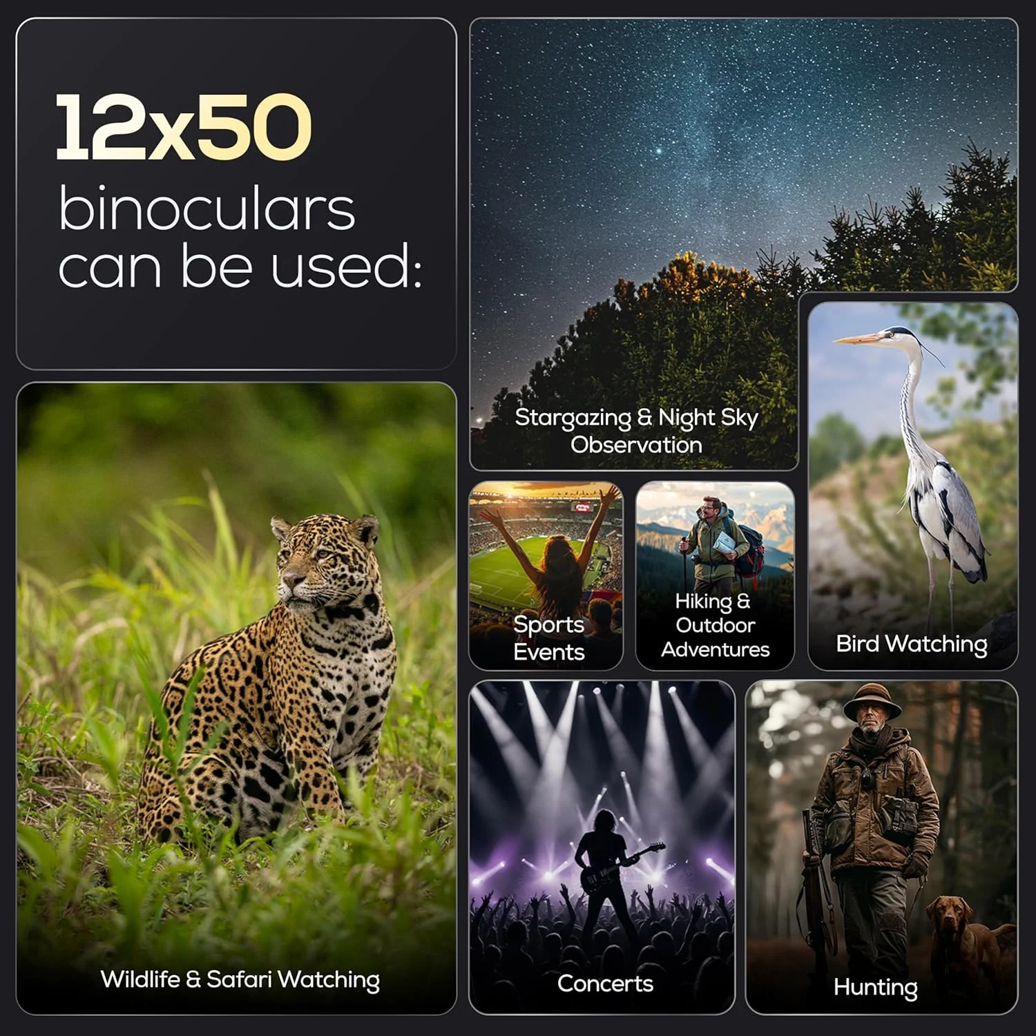 دوربین دوچشمی 12x50 با قدرت بالا برای بزرگسالان - دوربین دوچشمی ضد آب HD با منشور BaK-4، آداپتور تلفن و پایه سه پایه - تماشای پرندگان، شکار، تماشای ستارگان، مسافرت، سفر دریایی - مشکی جت
