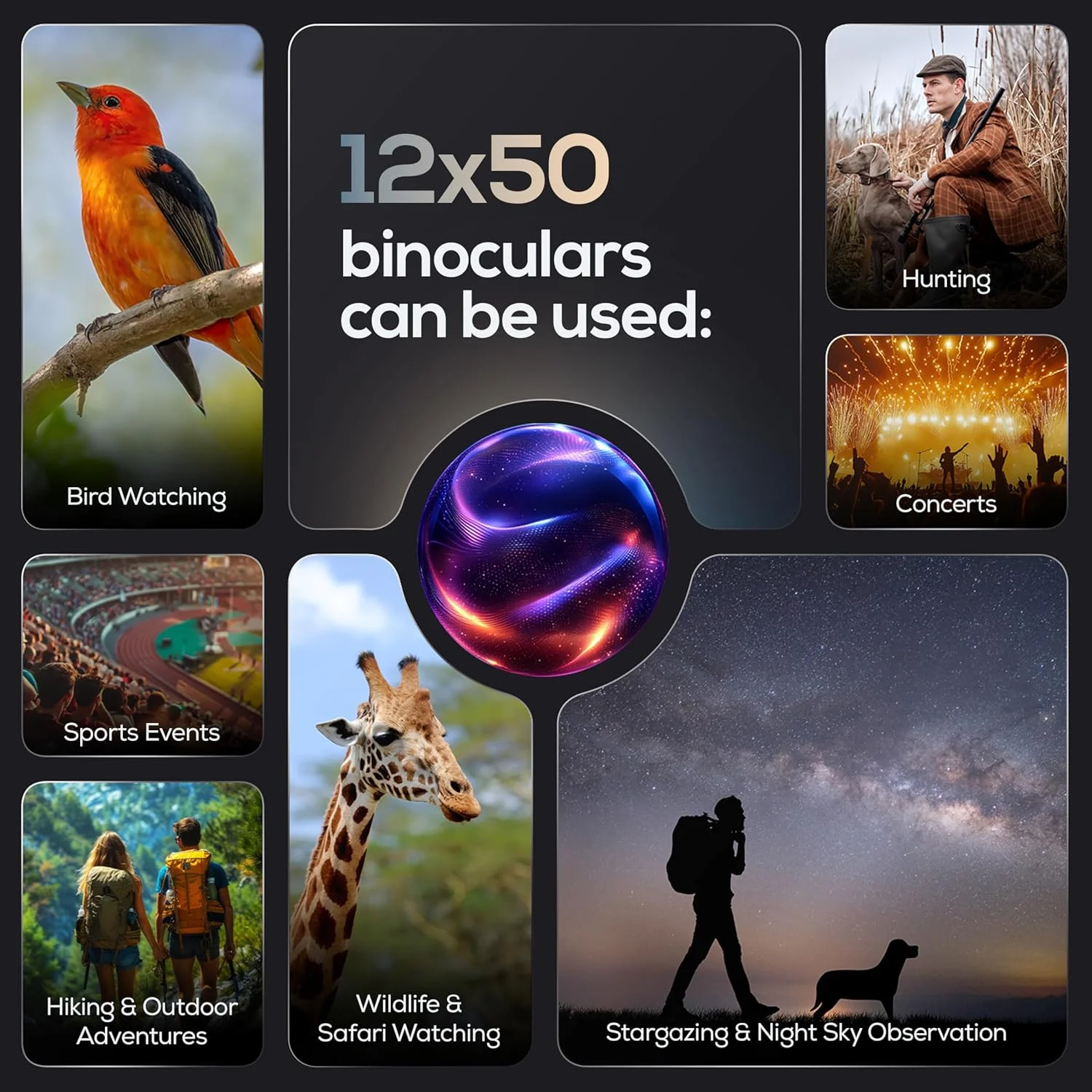 دوربین دوچشمی 12x50 HD برای بزرگسالان - دوربین دوچشمی قدرتمند ضدآب با آداپتور تلفن و پایه سه پایه | منشور BaK-4 برای تماشای پرندگان، شکار، تماشای ستارگان، مسافرت و سفر دریایی - مشکی