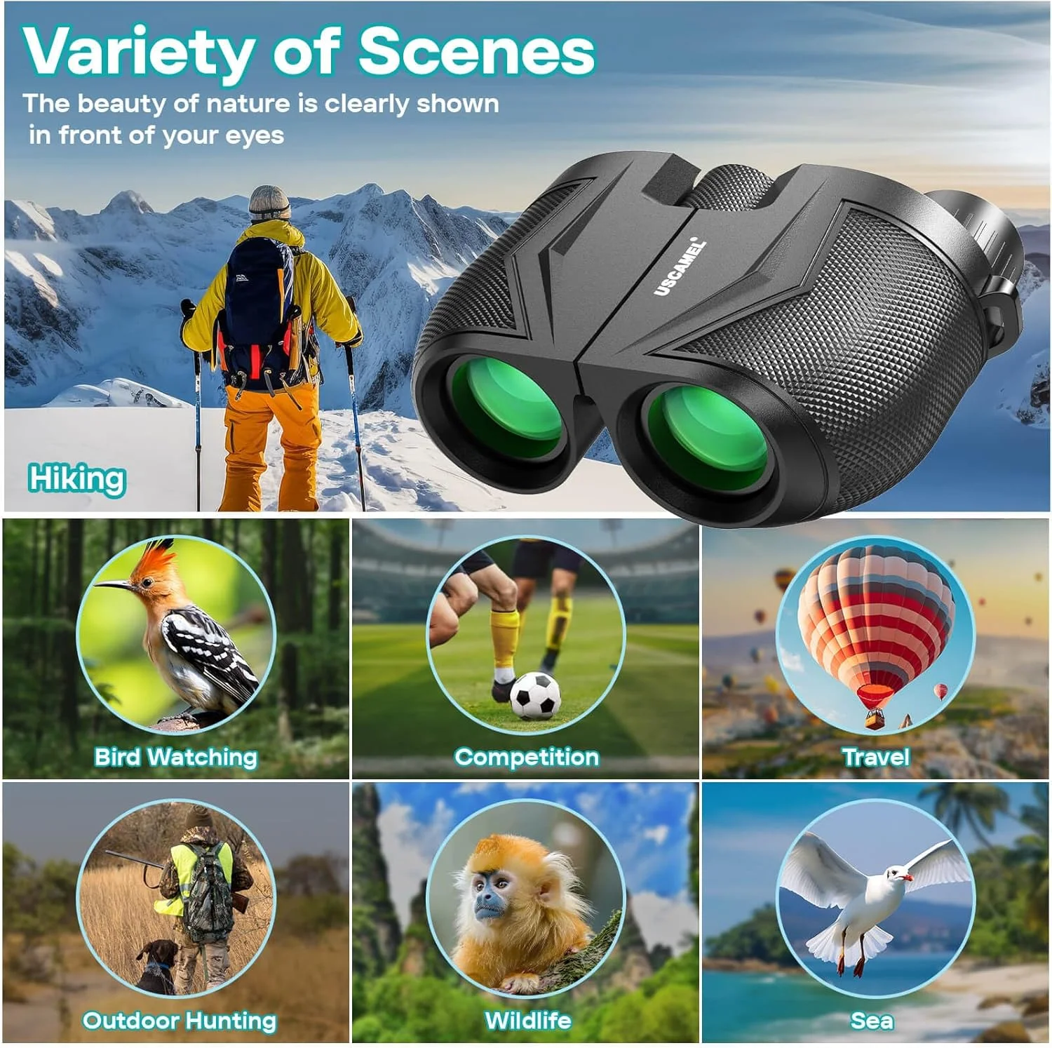 دوربین شکاری فشرده USCAMEL برای بزرگسالان و کودکان - 12x25 با چشمی بزرگ، قدرت بالا و فوکوس آسان، مناسب برای تماشای پرندگان، مسافرت، کنسرت و شکار در فضای باز