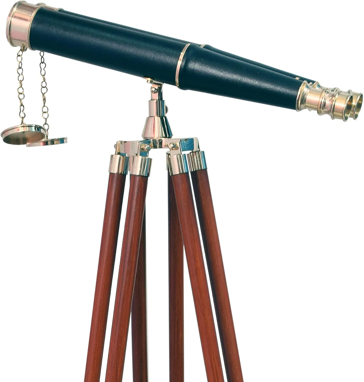 دوربین دوچشمی ایستاده برنجی با روکش چرمی مشکی، دکوری دریایی کاربردی به همراه سه پایه چوبی
