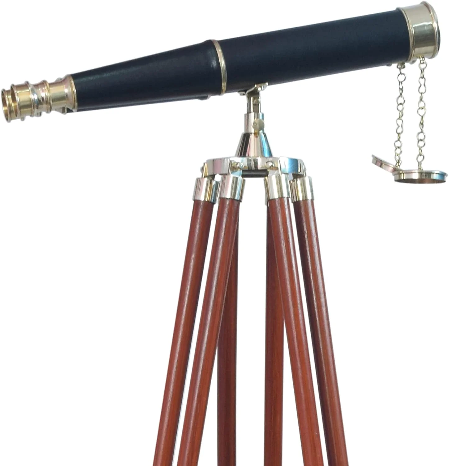 دوربین دوچشمی ایستاده برنجی 157 سانتی‌متری با روکش چرمی مشکی و سه‌پایه چوبی