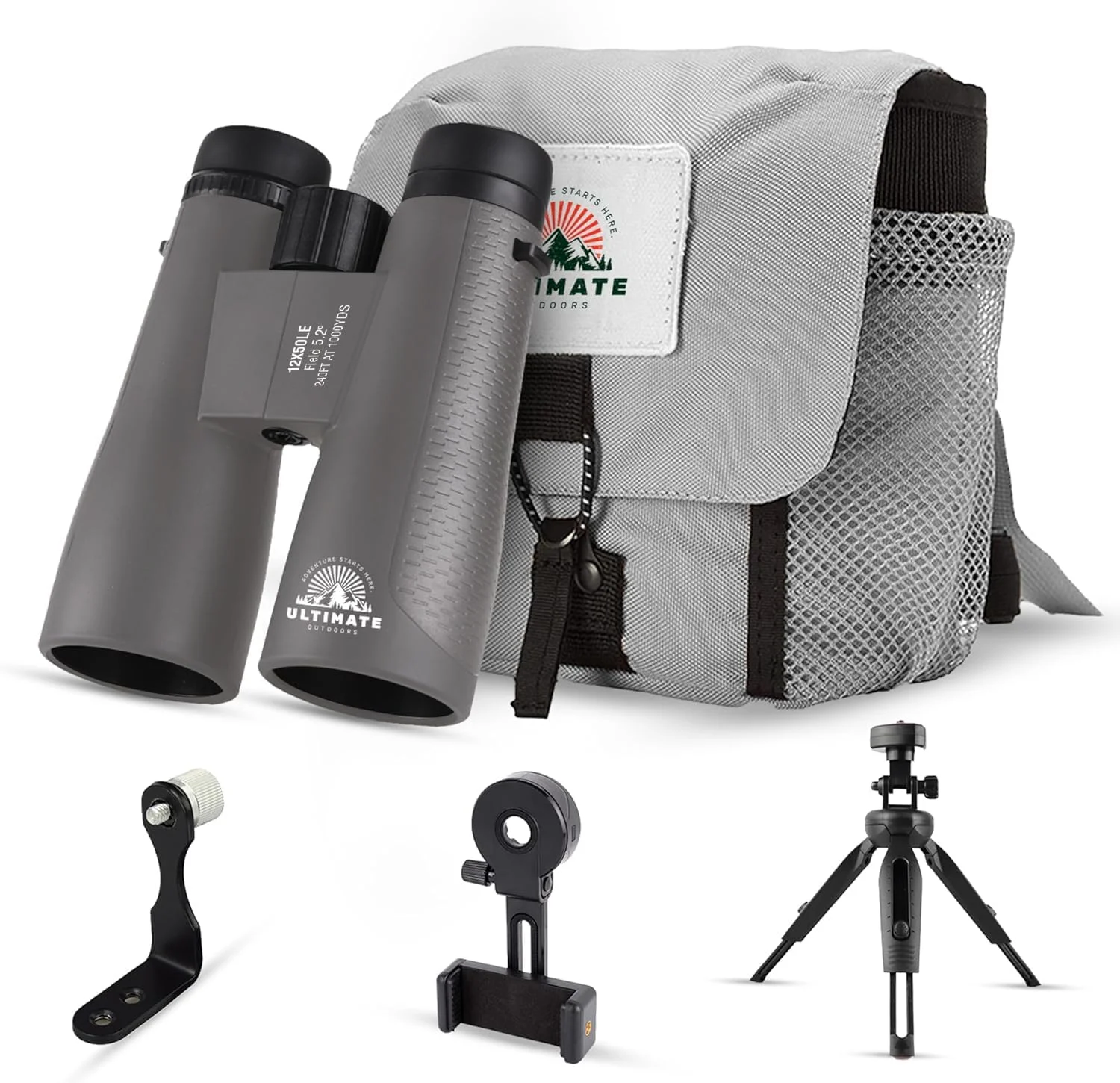 دوربین دوچشمی 12x50 HD برای بزرگسالان – دوربین دوچشمی قدرتمند ضد آب با آداپتور تلفن و پایه سه پایه | منشور BaK-4 برای تماشای پرندگان، شکار، تماشای ستارگان، مسافرت و گشت و گذار - خاکستری