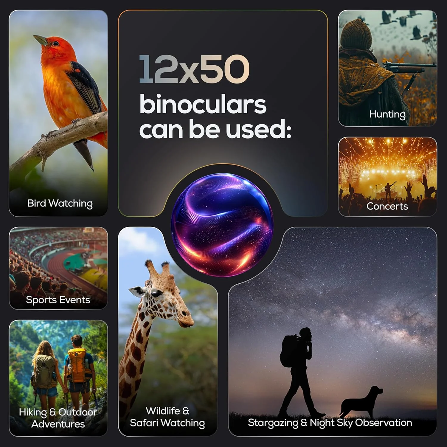 دوربین دوچشمی 12x50 HD برای بزرگسالان – دوربین دوچشمی قدرتمند ضد آب با آداپتور تلفن و پایه سه پایه | منشور BaK-4 برای تماشای پرندگان، شکار، تماشای ستارگان، مسافرت و گشت و گذار - خاکستری