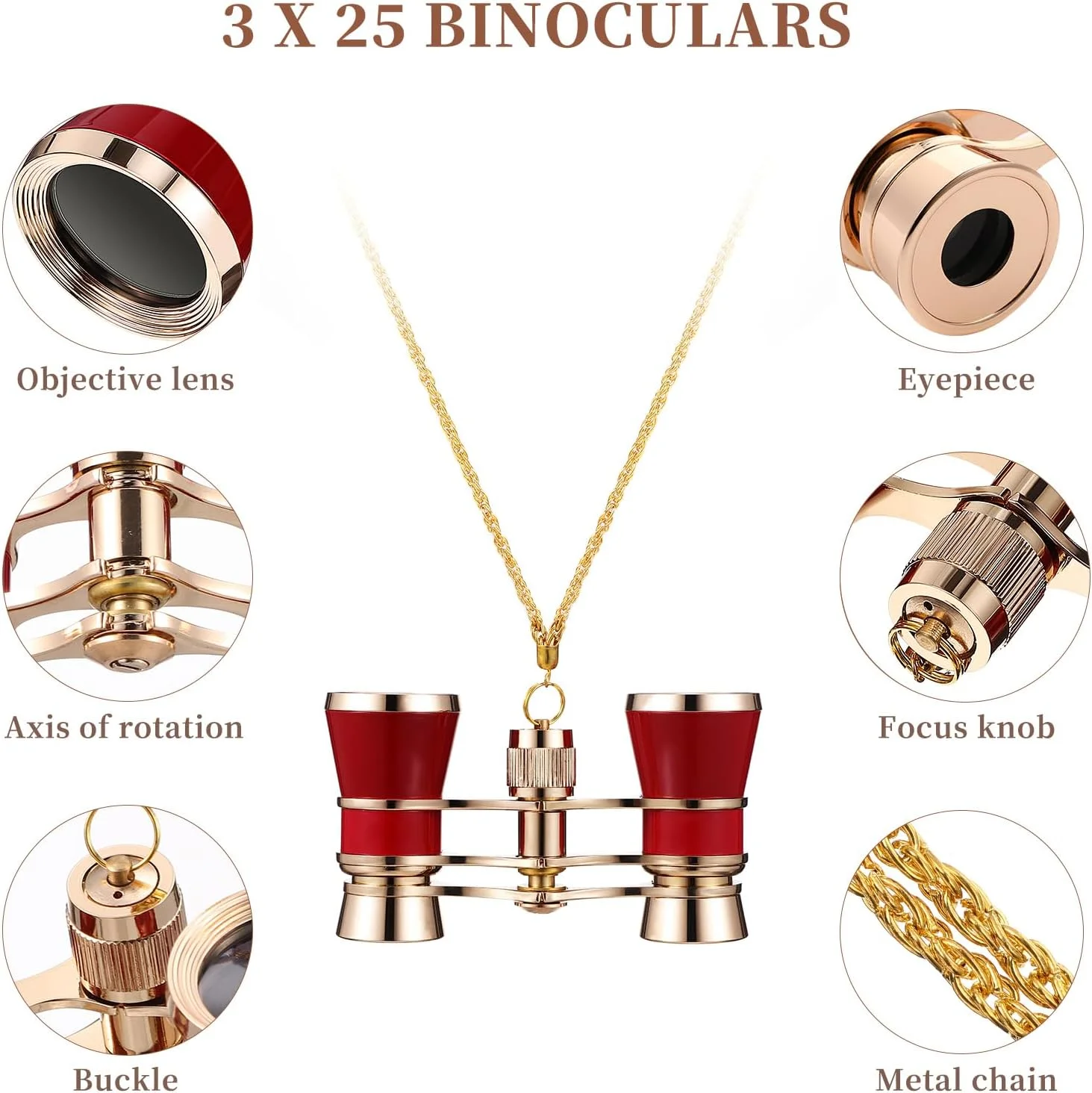 دوربین تئاتر 3X25، دوربین کوچک و سبک وزن، عینک تئاتر با زنجیر برای بزرگسالان، کودکان و بانوان (قرمز با زنجیر)