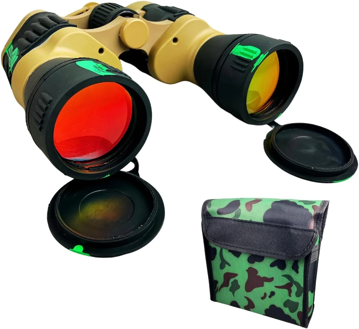 دوربین شکاری با بدنه استتار سبز، لنزهای کهربایی با بزرگنمایی 10 برابر و قطب نمای کوچک | لنزهای شیشه ای 50 میلی متری | چرخ تنظیم فوکوس | شامل پوشش لنز، بند گردنی و کیف حمل