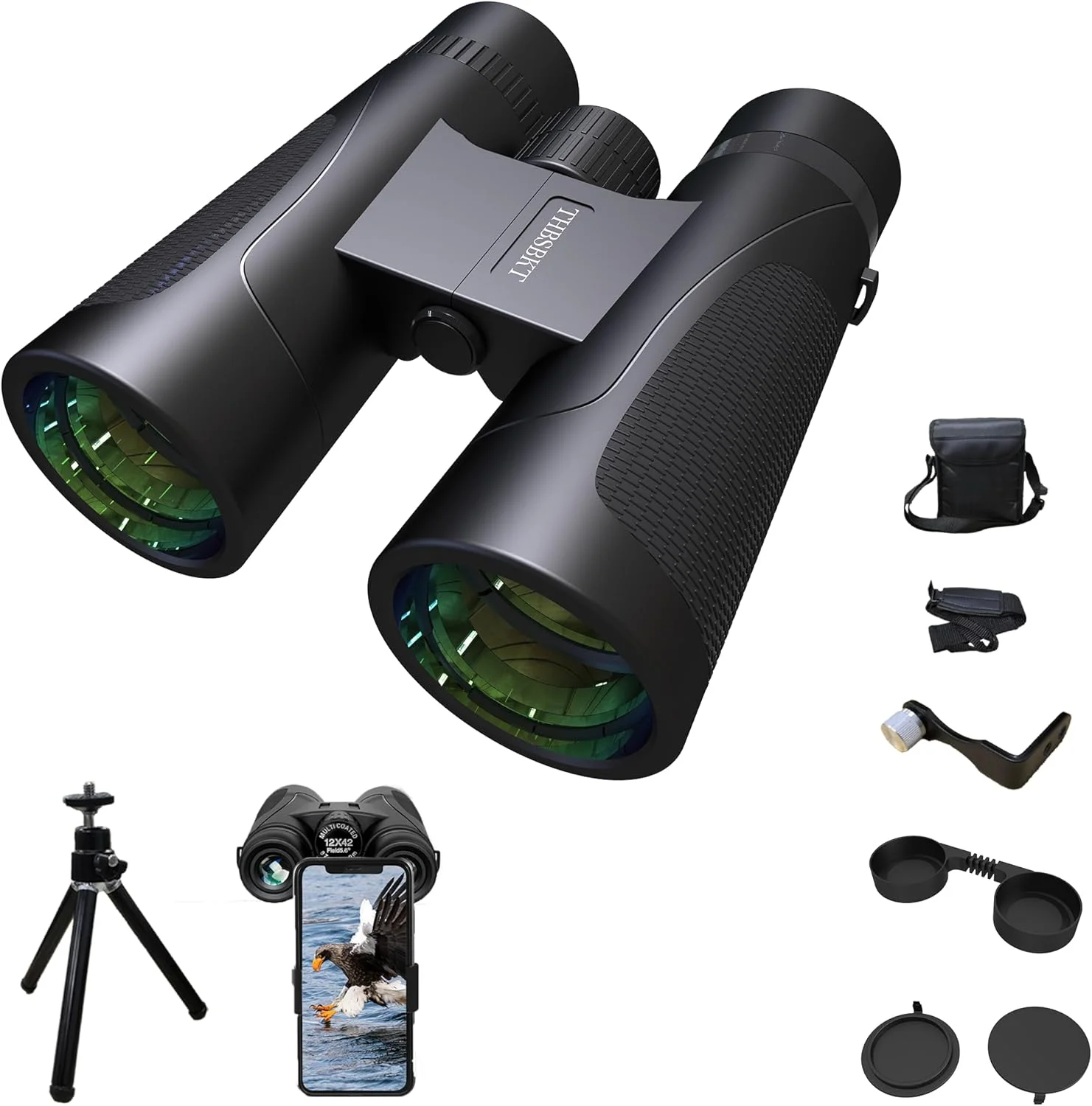 دوربین دوچشمی 12x42 HD با قدرت بالا برای بزرگسالان - درجه حرفه ای با سه پایه پیشرفته و آداپتور تلفن، طراحی ضد آب برای مسافرت در فضای باز، شکار، تماشای پرندگان و سفرهای دریایی