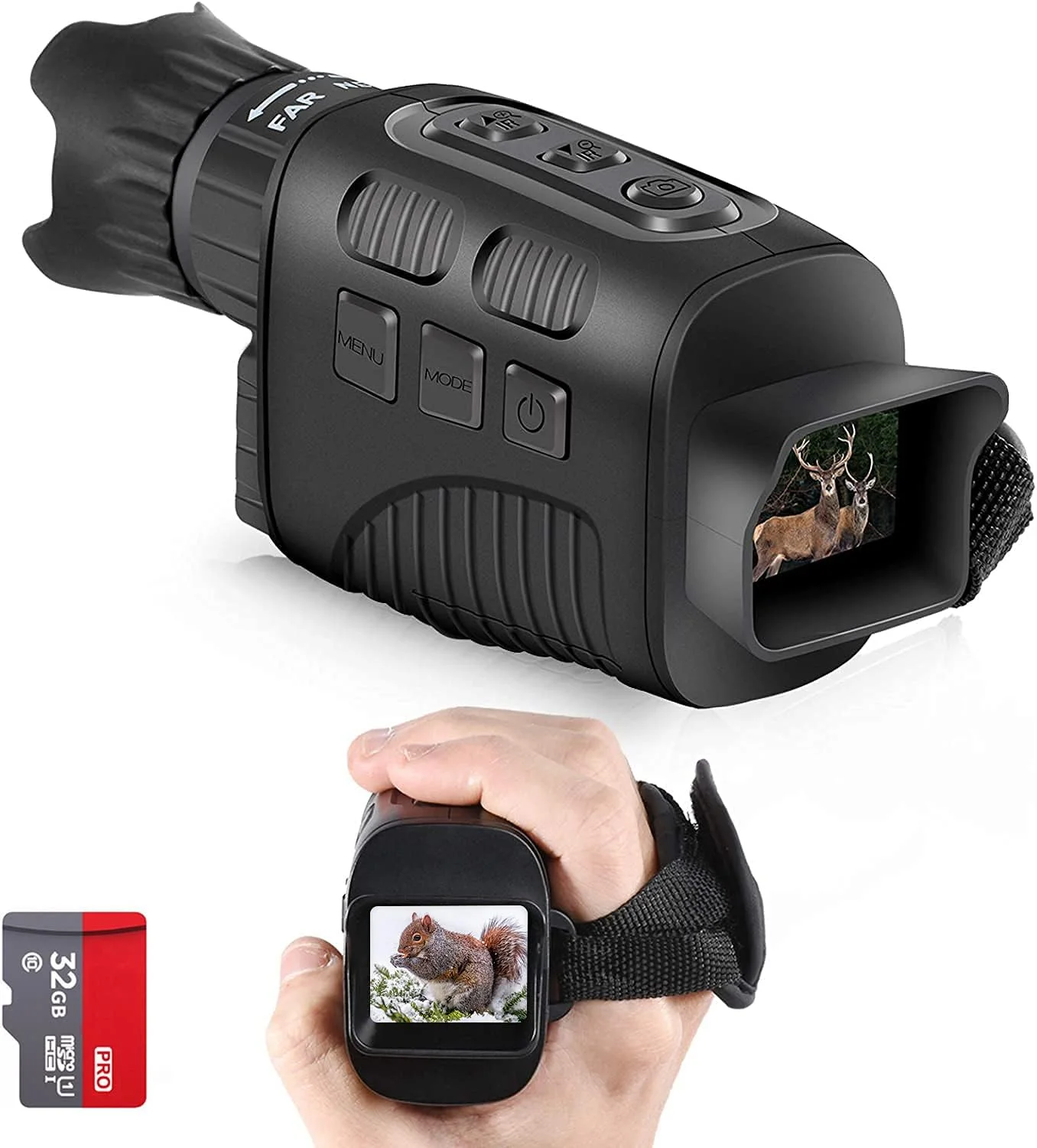 تک چشمی دوربین دید در شب مادون قرمز با صفحه نمایش 1.5 اینچی TFT LCD، مناسب برای تماشای پرندگان، مسافرت، شکار، ذخیره عکس/فیلم، شکار در فضای باز و نظارت - کارت حافظه 32 گیگابایتی شامل می باشد