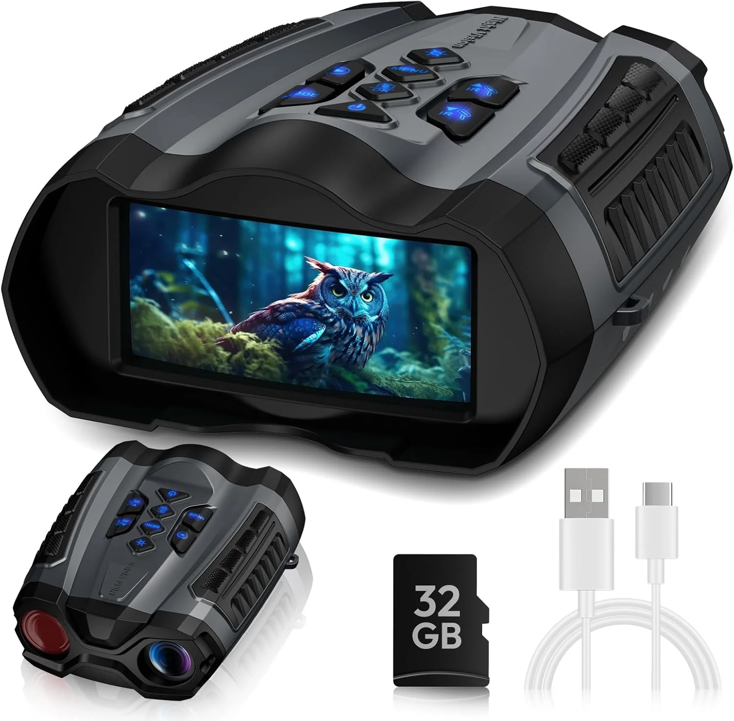 دوربین دید در شب 4K، دوربین دوچشمی با دوربین، باتری 4000 میلی آمپر ساعتی، دید در شب 9 حالته، زوم دیجیتال 10X، صفحه نمایش HD 3 اینچی و کارت TF 32 گیگابایتی، خاکستری روشن