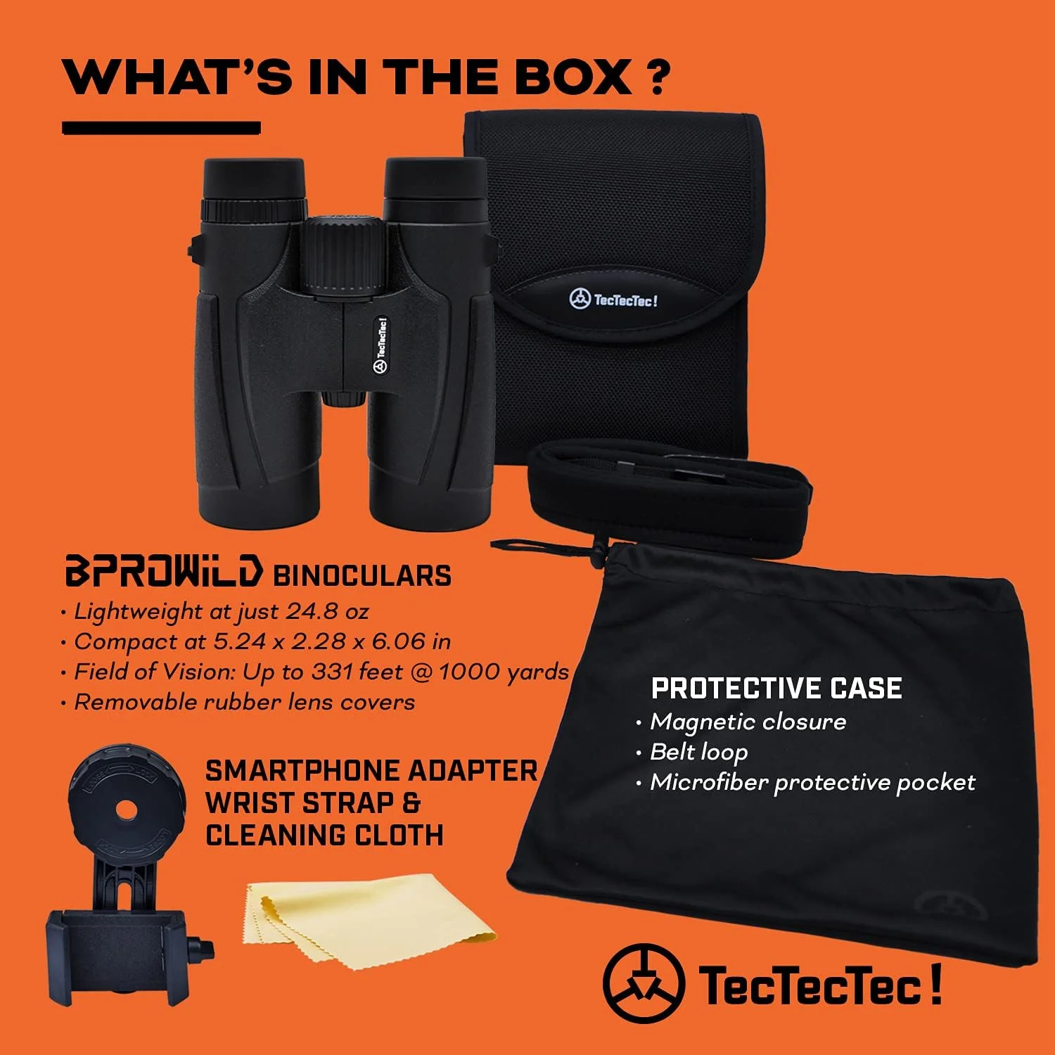 دوربین شکاری 8x42 TecTecTec BPRO Wild به همراه بند نگهدارنده موبایل و کیف حمل مناسب برای سفر، ورزش و تماشای پرندگان، حیات وحش و مناظر - مشکی