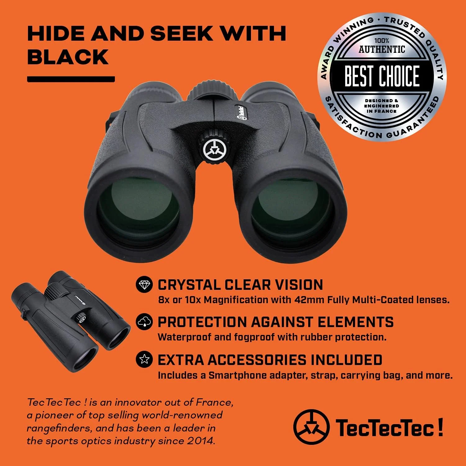 دوربین شکاری 8x42 TecTecTec BPRO Wild به همراه بند نگهدارنده موبایل و کیف حمل مناسب برای سفر، ورزش و تماشای پرندگان، حیات وحش و مناظر - مشکی