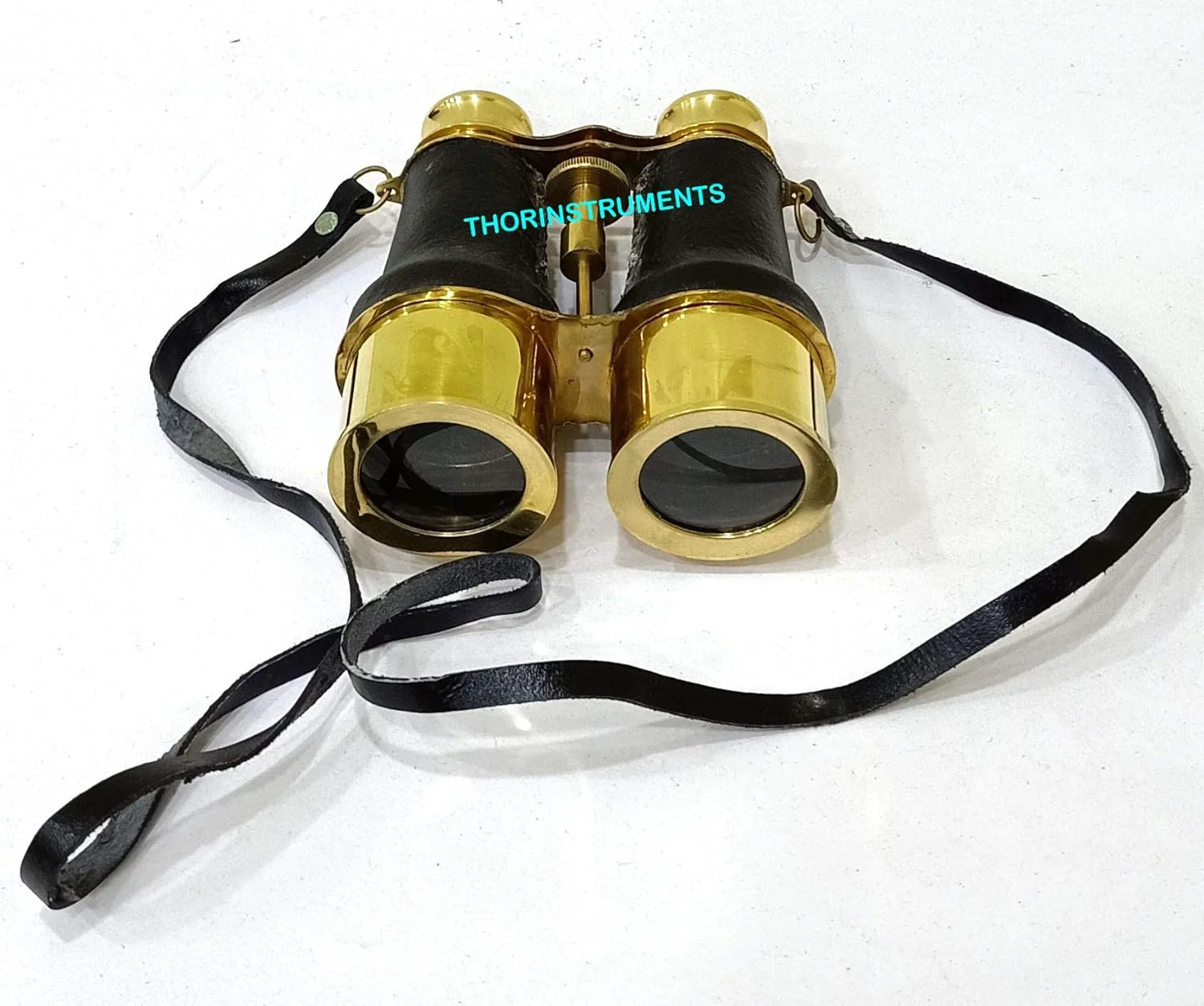 دوربین دوچشمی دریایی برنجی ویکتوریایی THOR INSTRUMENTS (همراه با وسیله) با روکش چرمی مشکی دست ساز و کمربند، 6 اینچ