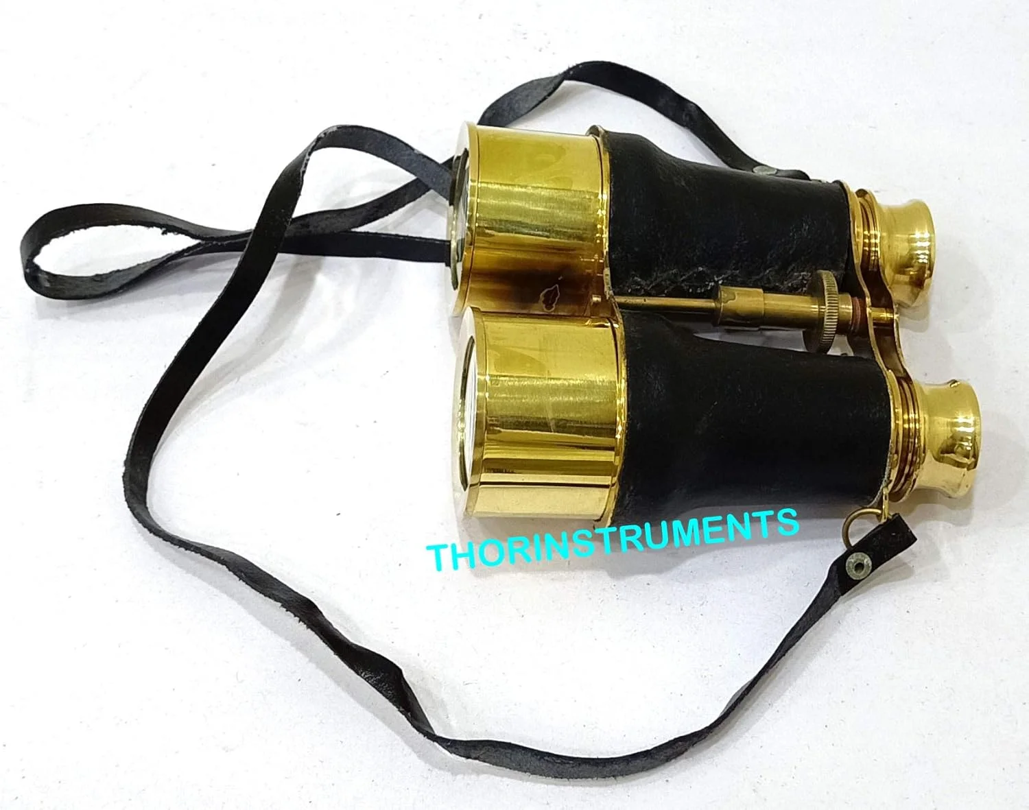 دوربین دوچشمی دریایی برنجی ویکتوریایی THOR INSTRUMENTS (همراه با وسیله) با روکش چرمی مشکی دست ساز و کمربند، 6 اینچ