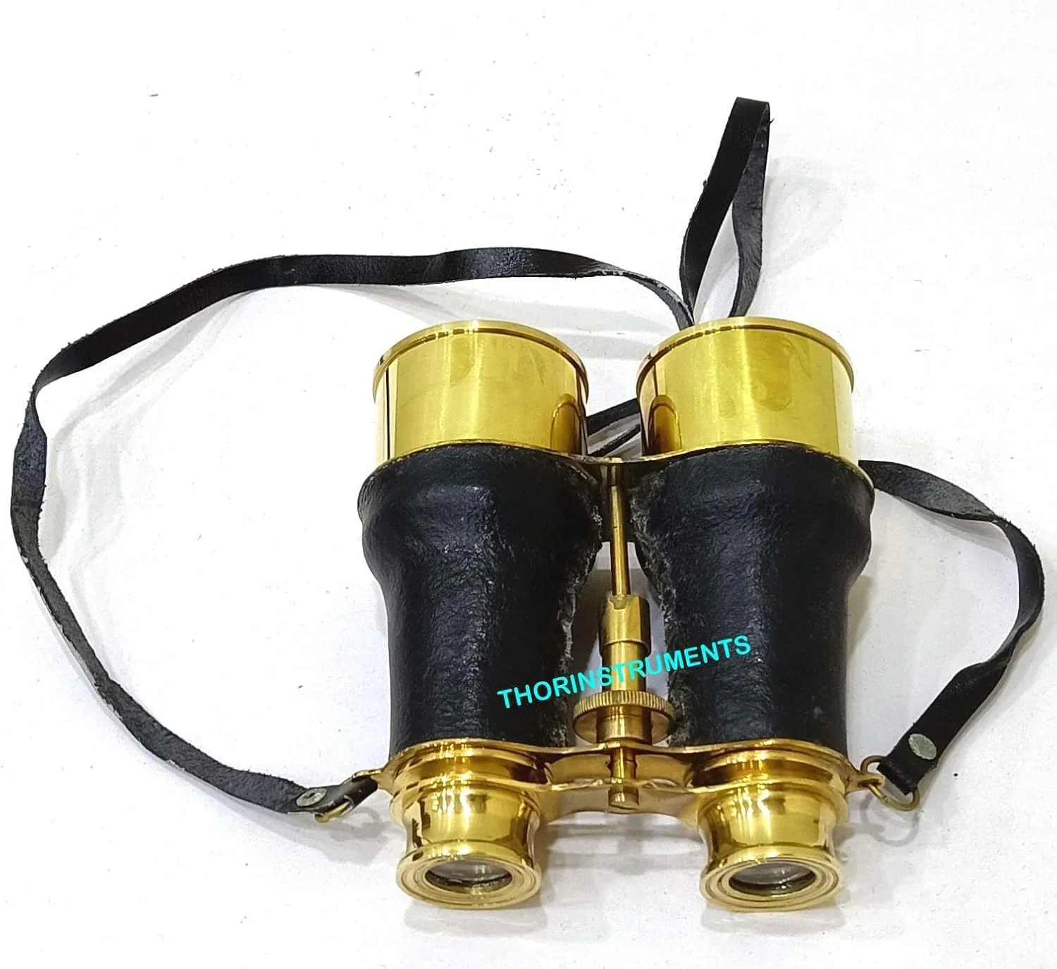 دوربین دوچشمی دریایی برنجی ویکتوریایی THOR INSTRUMENTS (همراه با وسیله) با روکش چرمی مشکی دست ساز و کمربند، 6 اینچ