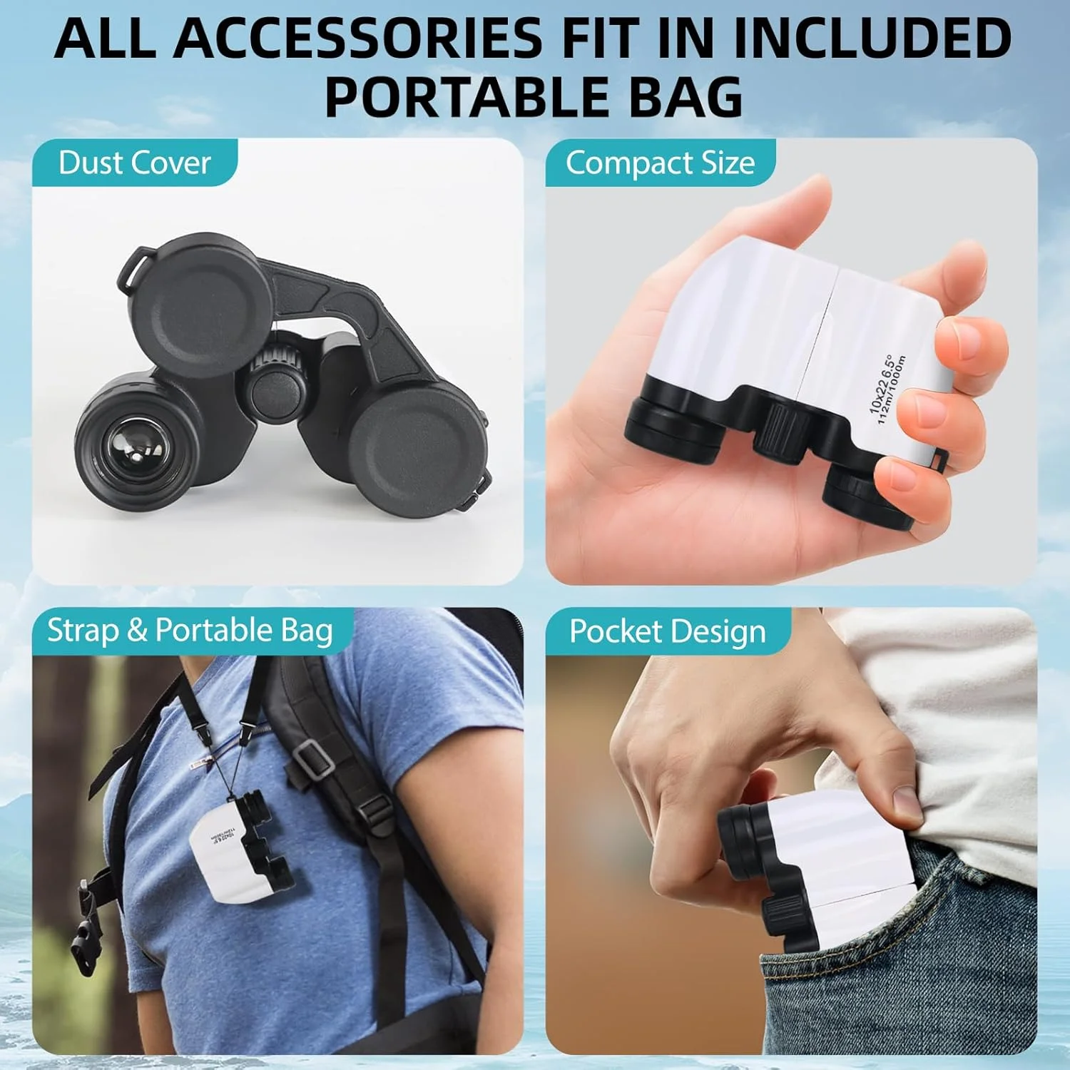 دوربین دوچشمی - سبک وزن 142 گرمی، جیبی، منشور BAK4 با پوشش FMC مناسب برای کاوش در فضای باز، تماشای پرندگان، پیاده روی، کمپینگ - دوربین دوچشمی جمع و جور مناسب کودکان با بند گردنی