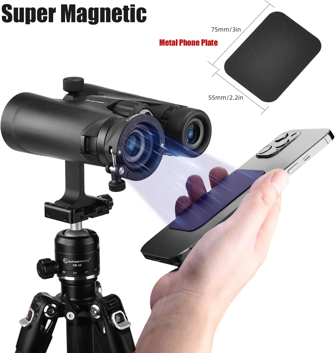 آداپتور تلفن همراه SUNWAYFOTO BA-43 برای عکاسی با دوربین دوچشمی، پایه نگهدارنده جهانی تلفن هوشمند برای دوربین دوچشمی، ثبت عکس و فیلم از طریق دوربین دوچشمی