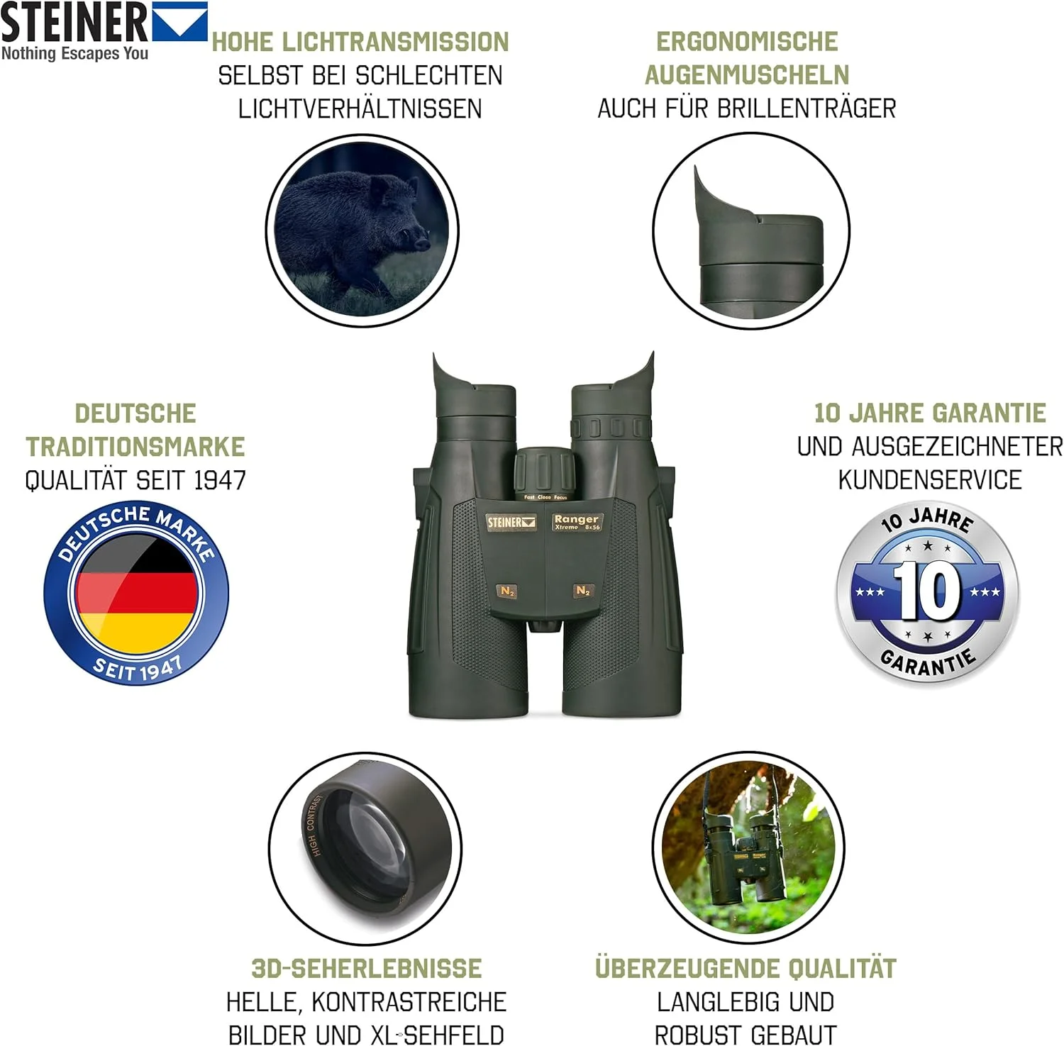 دوربین شکاری اشتاینر رنجر اکستریم 8x56 - کیفیت تصویر عالی، جزئیات واضح، انتقال نور بسیار بالا (بیش از 92 درصد) - برای موفقیت قابل اعتماد در شکار حتی در شرایط نوری ضعیف