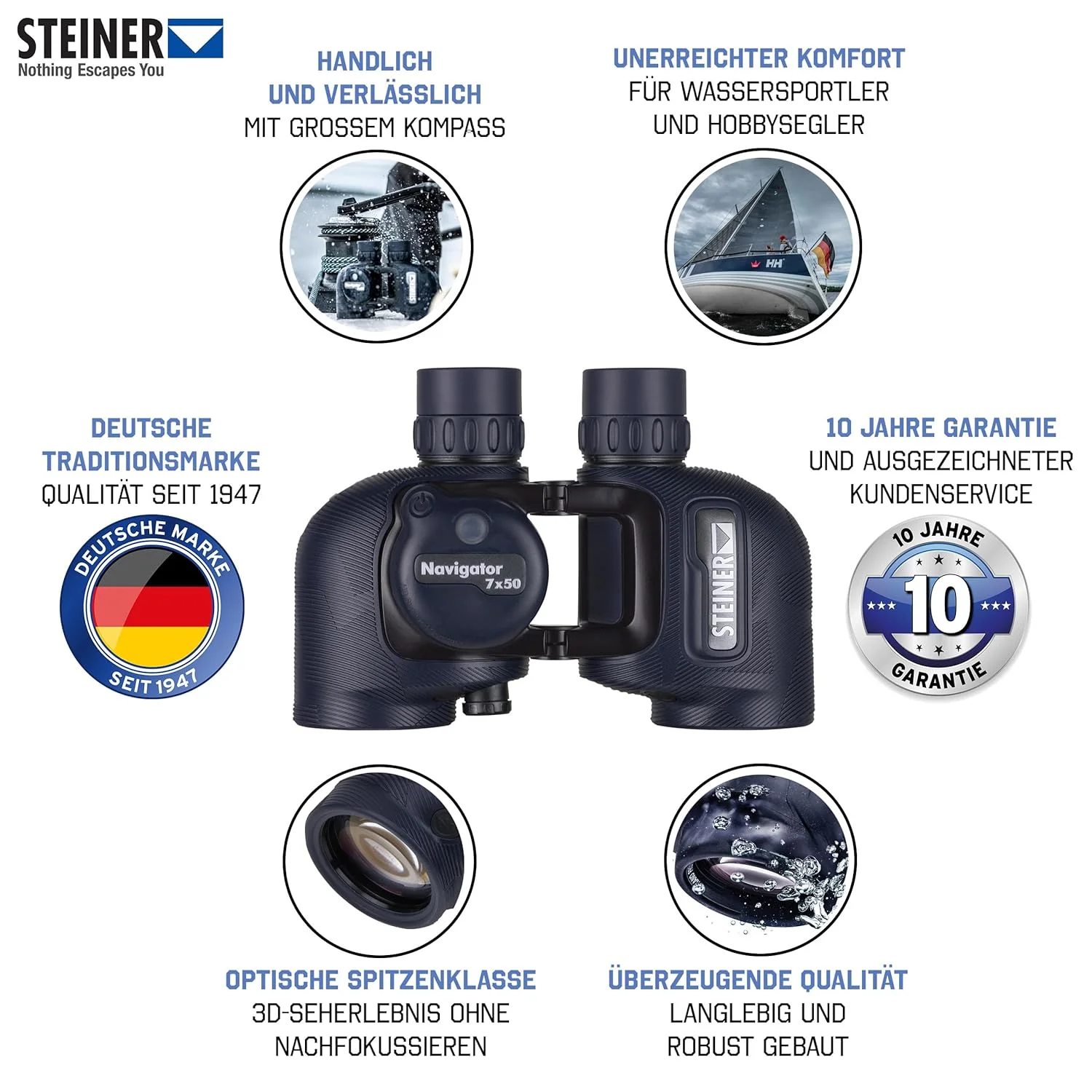 دوربین شکاری دریایی STEINER Navigator 7x50c - قطب نمای تثبیت شده HD، اپتیک با کیفیت آلمانی، پل باز، ضد آب تا 5 متر، ساخته شده برای علاقه مندان به ورزش های آبی و قایقرانان تفریحی