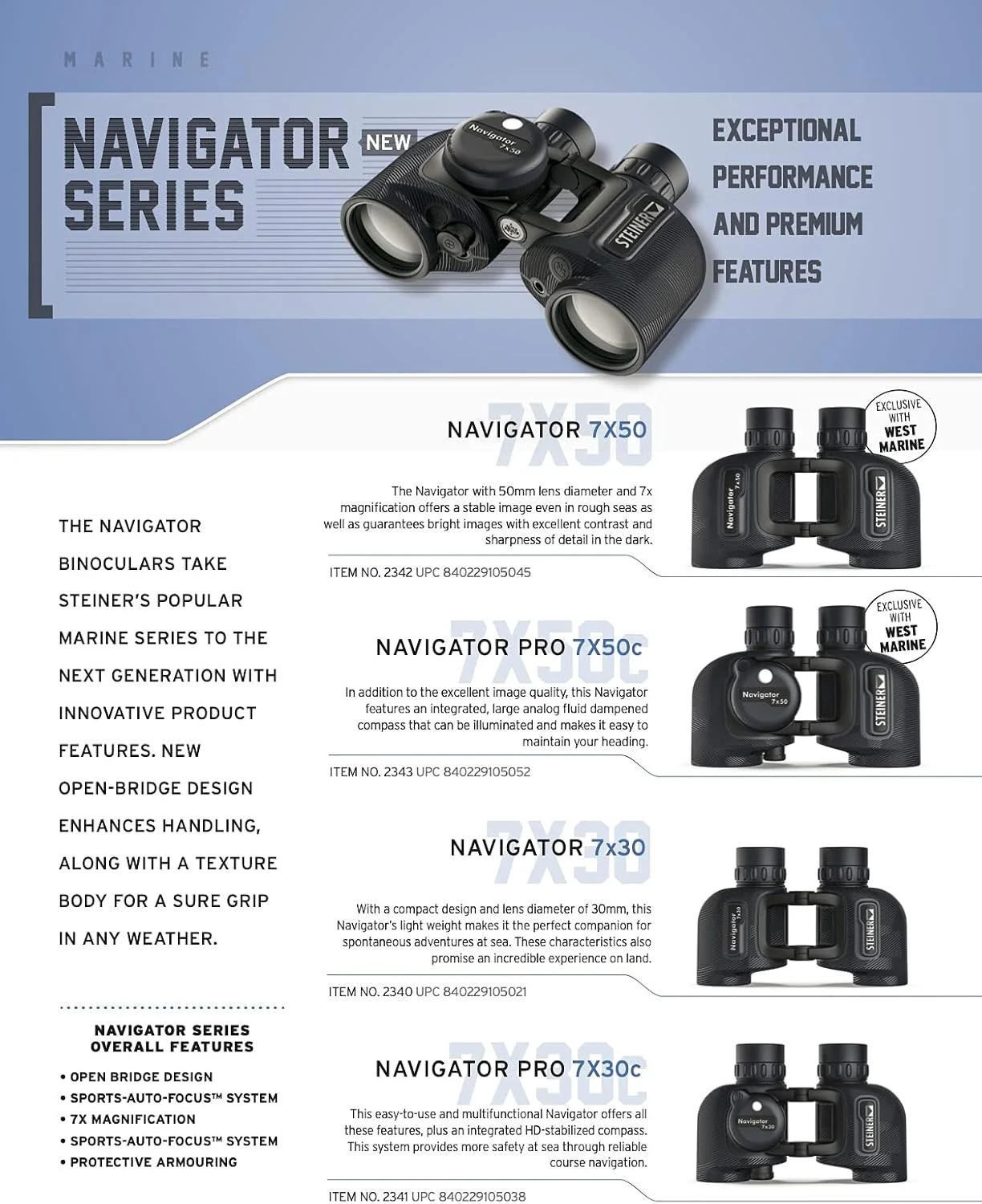 دوربین شکاری دریایی اشتاینر 7x30 Navigator با طراحی پل باز و فوکوس خودکار ورزشی
