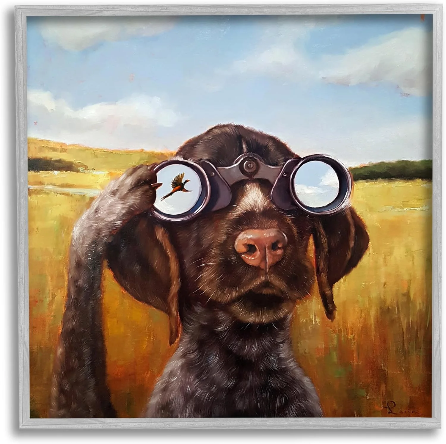 طرح هنری ژیکله سگ در حال تماشای پرنده با دوربین چشمی، قاب خاکستری، اثر لوسیا هفرنان