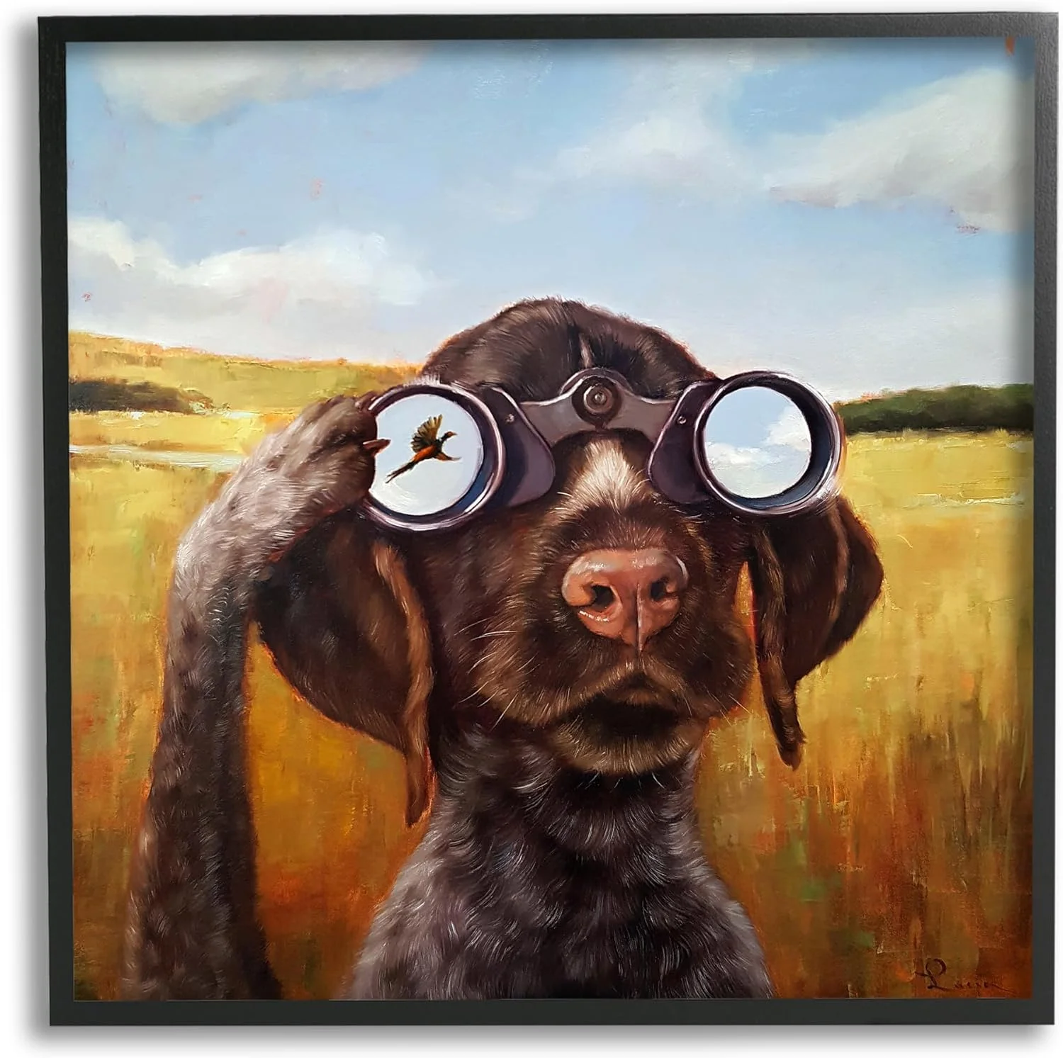 طرح هنری ژیکله با قاب مشکی سگ در حال تماشای پرنده با دوربین دوچشمی اثر لوسیا هفرنان
