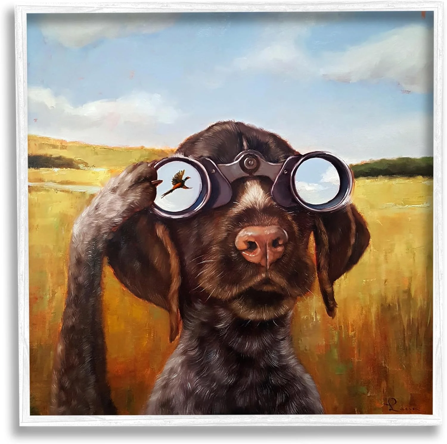 طرح هنری ژیکله قاب‌دار سفید سگ در حال تماشای پرنده با دوربین دوچشمی اثر لوسیا هفرنان از استوپل اینداستریز